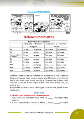 Centro Cultural de la Lengua Portuguesa 21
LEIA A TIRINHA ABAIXO:
PRONOMES POSSESSIVOS
Pronomes Possessivos
masculino feminino masculino feminino
Singular Plural
Eu (o) meu (a) minha (os) meus (as) minhas
Tu (o) teu (a) tua (os) teus (as) tuas
Você(s), o Senhor
/a Senhora
(o) seu (a) sua (os) seus (as) suas
Ele (o) dele (a) dele (os) dele (as) dele
Ela (o) dela (a) dela (os) dela (as) dela
Nós (o) nosso (a) nossa (os) nossos (as) nossas
Eles (o) deles (a) deles (os) deles (as) deles
Elas (o) delas (a) delas (os) delas (as) delas
Pronomes possessivos são os pronomes que se referem às três pessoas do
discurso, atribuindo-lhes a posse de alguma coisa. Flexionam-se em gênero e
número, concordando com a coisa possuída, e em pessoa, concordando com o
possuidor. Exemplos: minha viagem, minha terra natal, minha casa, teu
caderno, etc.
A viagem dele foi um sucesso ou a sua viagem foi um sucesso, querem dizer a
mesma coisa.
EXERCÍCIO
A. Complete com os possessivos correspondentes:
1. (eu) Comprei um computador novo ontem. O _____ computador antigo
quebrou.
2. A: Você tem o número de telefone da Ana? B: O número ______ é 55-1122.
 
