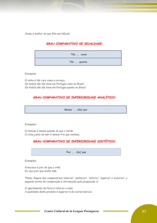 Centro Cultural de la Lengua Portuguesa 85
Joana é melhor do que Rita em Cálculo.
GRAU COMPARATIVO DE IGUALDADE:
Tão ... como
Tão ... quanto
Exemplos:
O vinho é tão caro como a cerveja.
Os hotéis são tão bons em Portugal como no Brasil..
Os hotéis são tão bons em Portugal quanto no Brasil.
GRAU COMPARATIVO DE INFERIORIDADE ANALÍTICO:
Exemplos:
O Outono é menos quente do que o Verão.
O clima junto do mar é menos frio que ventoso.
GRAU COMPARATIVO DE INFERIORIDADE SINTÉTICO:
Pior ... (do) que
Exemplos:
Francisco é pior do que a irmã.
Eu vejo pior que minha mãe.
*Nota: Depois dos comparativos ‘anterior’, ‘posterior’, ‘inferior’, ‘superior’ e ‘exterior’, o
segundo termo de comparação é introduzido pela preposição ‘a’:
O apartamento de Paris é inferior a este.
A qualidade deste produto é superior à de outras marcas.
Menos ... (do) que
 