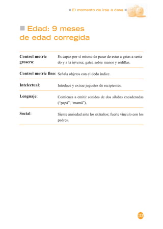 El momento de irse a casa
113
Edad: 9 meses
de edad corregida
Es capaz por sí mismo de pasar de estar a gatas a senta-
do y a la inversa; gatea sobre manos y rodillas.
Señala objetos con el dedo índice.
Intoduce y extrae juguetes de recipientes.
Comienza a emitir sonidos de dos sílabas encadenadas
(“papá”, “mamá”).
Siente ansiedad ante los extraños; fuerte vínculo con los
padres.
Control motriz
grosero:
Control motriz fino:
Intelectual:
Lenguaje:
Social:
 