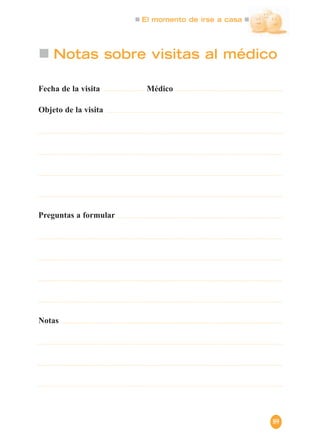 El momento de irse a casa
89
Notas sobre visitas al médico
Fecha de la visita Médico
Objeto de la visita
Preguntas a formular
Notas
 