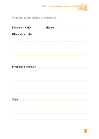 Notas sobre visitas al médico (III)
Fecha de la visita Médico
Objeto de la visita
Preguntas a formular
Notas
El momento de irse a casa
91
 