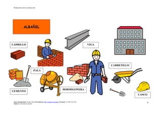 Profesiones de la construcción
Autor pictogramas: Sergio Palao Procedencia: http://catedu.es/arasaac/ Licencia: CC (BY-NC-SA)
Autora: Lola García Cucalón
4
ALBAÑIL
CEMENTO
PALA
LADRILLO
CARRETILLO
CASCO
HORMIGONERA
VIGA
 
