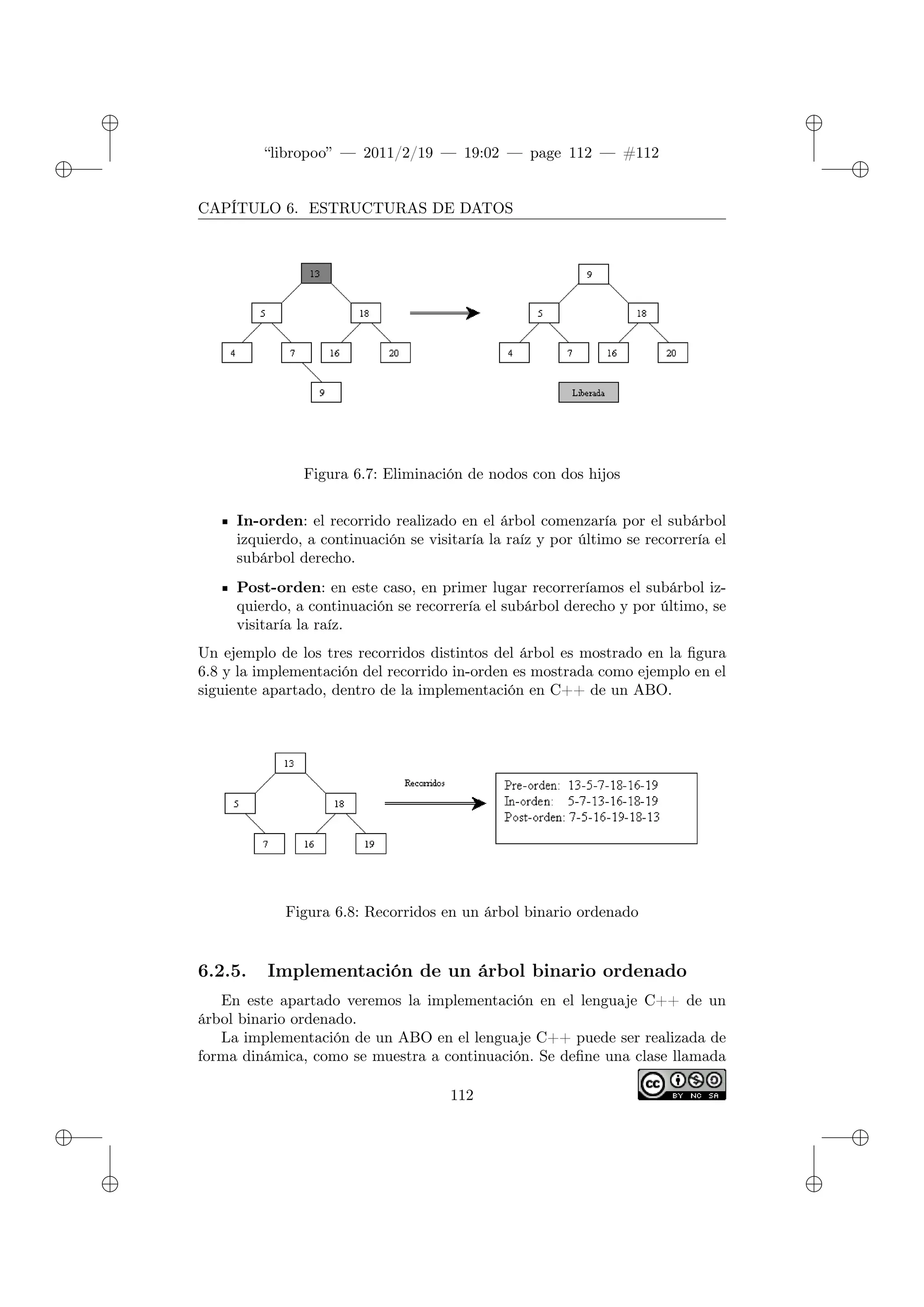 ✐
✐
“libropoo” — 2011/2/19 — 19:02 — page 112 — #112
✐
✐
✐
✐
✐
✐
CAPÍTULO 6. ESTRUCTURAS DE DATOS
Figura 6.7: Eliminación de nodos con dos hijos
In-orden: el recorrido realizado en el árbol comenzaría por el subárbol
izquierdo, a continuación se visitaría la raíz y por último se recorrería el
subárbol derecho.
Post-orden: en este caso, en primer lugar recorreríamos el subárbol iz-
quierdo, a continuación se recorrería el subárbol derecho y por último, se
visitaría la raíz.
Un ejemplo de los tres recorridos distintos del árbol es mostrado en la figura
6.8 y la implementación del recorrido in-orden es mostrada como ejemplo en el
siguiente apartado, dentro de la implementación en C++ de un ABO.
Figura 6.8: Recorridos en un árbol binario ordenado
6.2.5. Implementación de un árbol binario ordenado
En este apartado veremos la implementación en el lenguaje C++ de un
árbol binario ordenado.
La implementación de un ABO en el lenguaje C++ puede ser realizada de
forma dinámica, como se muestra a continuación. Se define una clase llamada
112
 