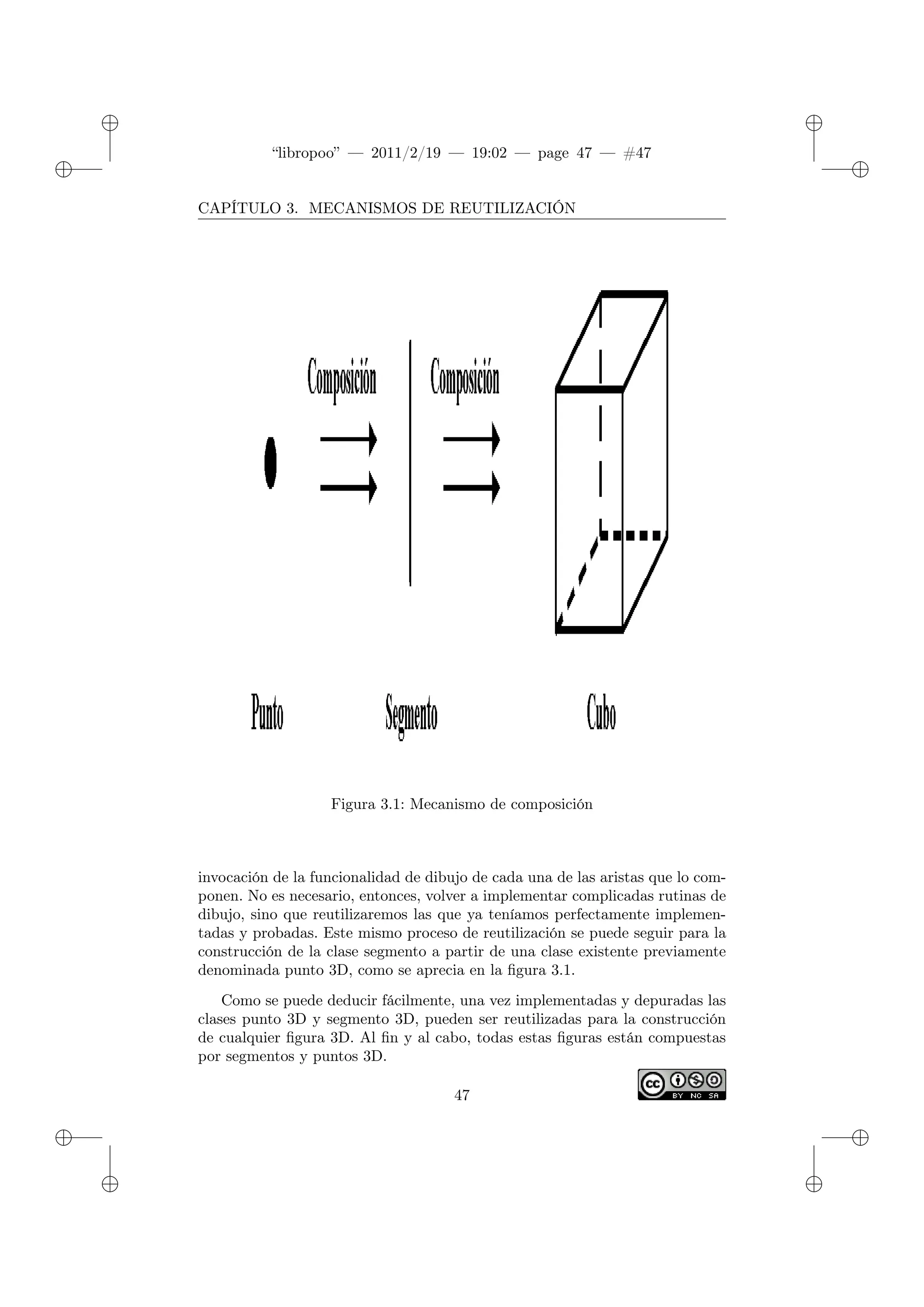 ✐
✐
“libropoo” — 2011/2/19 — 19:02 — page 47 — #47
✐
✐
✐
✐
✐
✐
CAPÍTULO 3. MECANISMOS DE REUTILIZACIÓN
Figura 3.1: Mecanismo de composición
invocación de la funcionalidad de dibujo de cada una de las aristas que lo com-
ponen. No es necesario, entonces, volver a implementar complicadas rutinas de
dibujo, sino que reutilizaremos las que ya teníamos perfectamente implemen-
tadas y probadas. Este mismo proceso de reutilización se puede seguir para la
construcción de la clase segmento a partir de una clase existente previamente
denominada punto 3D, como se aprecia en la figura 3.1.
Como se puede deducir fácilmente, una vez implementadas y depuradas las
clases punto 3D y segmento 3D, pueden ser reutilizadas para la construcción
de cualquier figura 3D. Al fin y al cabo, todas estas figuras están compuestas
por segmentos y puntos 3D.
47
 