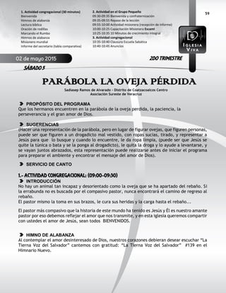 59
PARÁBOLA LA OVEJA PÉRDIDA
Sadiasep Ramos de Alvarado – Distrito de Coatzacoalcos Centro
Asociación Sureste de Veracruz
PROPÓSITO DEL PROGRAMA
Que los hermanos encuentren en la parábola de la oveja perdida, la paciencia, la
perseverancia y el gran amor de Dios.
SUGERENCIAS
(Hacer una representación de la parábola, pero en lugar de figurar ovejas, que figuren personas,
puede ser que figuren a un drogadicto mal vestido, con ropas sucias, tirado, y representar a
Jesús para que lo busque y cuando lo encuentre, le da ropa limpia, (puede ser que Jesús se
quite la túnica o bata y se la ponga al drogadicto), le quita la droga y lo ayude a levantarse, y
se vayan juntos abrazados, esta representación puede realizarse antes de iniciar el programa
para preparar el ambiente y encontrar el mensaje del amor de Dios).
SERVICIO DE CANTO
1.- ACTIVIDAD CONGREGACIONAL: (09:00-09:30)
INTRODUCCIÓN
No hay un animal tan incapaz y desorientado como la oveja que se ha apartado del rebaño. Si
la errabunda no es buscada por el compasivo pastor, nunca encontrará el camino de regreso al
rebaño.
El pastor mismo la toma en sus brazos, le cura sus heridas y la carga hasta el rebaño...
El pastor más compasivo que la historia de este mundo ha tenido es Jesús y Él es nuestro amante
pastor por eso debemos reflejar el amor que nos transmite, y en esta iglesia queremos compartir
con ustedes el amor de Jesús, sean todos BIENVENIDOS.
HIMNO DE ALABANZA
Al contemplar el amor desinteresado de Dios, nuestros corazones debieran desear escuchar “La
Tierna Voz del Salvador” cantemos con gratitud: “La Tierna Voz del Salvador” #139 en el
Himnario Nuevo.
2. Actividad en el Grupo Pequeño
09:30-09:35 Bienvenida y confraternización
09:35-09:55 Repaso de la lección
09:55-10:00 Actividad misionera (recepción de informe)
10:00-10:25 Capacitación Misionera EscamI
10:25-10:35 10 Minutos de crecimiento integral
3. Actividad congregacional
10:35-10:40 Clausura Escuela Sabática
10:40-10:45 Anuncios
1. Actividad congregacional (30 minutos)
Bienvenida
Himnos de alabanza
Lectura bíblica
Oración de rodillas
Marcando el Rumbo
Himnos de alabanza
Misionero mundial
Informe del secretario (tabla comparativa)
02 de mayo 2015
SÁBADO 5
2DO TRIMESTRE
 