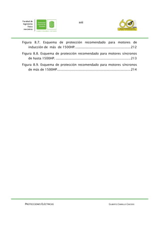 PROTECCIONES ELÉCTRICAS GILBERTO CARRILLO CAICEDO
xviii
Figura 8.7. Esquema de protección recomendado para motores de
inducción de más de 1500HP........................................................212
Figura 8.8. Esquema de protección recomendado para motores síncronos
de hasta 1500HP. ...........................................................................213
Figura 8.9. Esquema de protección recomendado para motores síncronos
de más de 1500HP..........................................................................214
 