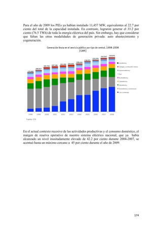 Para el año de 2009 los PIEs ya habían instalado 11,457 MW, equivalentes al 22.7 por
ciento del total de la capacidad instalada. En contraste, lograron generar el 33.2 por
ciento (76.5 TWh) de toda la energía eléctrica del país. Sin embargo, hay que considerar
que faltan las otras modalidades de generación privada: auto abastecimiento y
cogeneración.




En el actual contexto recesivo de las actividades productivas y el consumo doméstico, el
margen de reserva operativo de nuestro sistema eléctrico nacional, que ya había
alcanzado un nivel inusitadamente elevado de 42.2 por ciento durante 2004-2007, se
acentuó hasta un máximo cercano a 45 por ciento durante el año de 2009.




                                                                                    174 
 