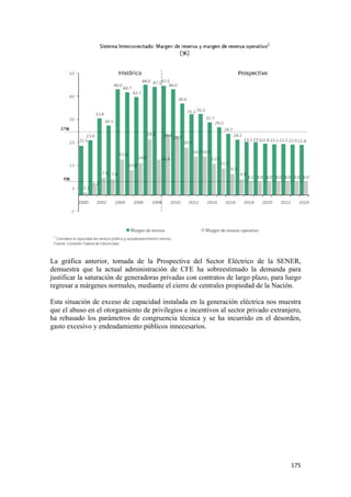 La gráfica anterior, tomada de la Prospectiva del Sector Eléctrico de la SENER,
demuestra que la actual administración de CFE ha sobreestimado la demanda para
justificar la saturación de generadoras privadas con contratos de largo plazo, para luego
regresar a márgenes normales, mediante el cierre de centrales propiedad de la Nación.

Esta situación de exceso de capacidad instalada en la generación eléctrica nos muestra
que el abuso en el otorgamiento de privilegios e incentivos al sector privado extranjero,
ha rebasado los parámetros de congruencia técnica y se ha incurrido en el desorden,
gasto excesivo y endeudamiento públicos innecesarios.




                                                                                     175 
 