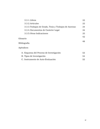 3.3.1. Libros                                           33
      3.3.2. Artículos                                        33
      3.3.3. Trabajos de Grado, Tesis y Trabajos de Ascenso   34
      3.3.4. Documentos de Carácter Legal                     34
      3.3.5. Otras Indicaciones                               35
                                                              42
Glosario
                                                              48
Bibliografía

Apéndices

   A. Esquema del Proceso de Investigación                    53
   B. Tipos de Investigación                                  54
   C. Instrumento de Auto-Evaluación                          55




                                                                   vi 
                                                                      
 