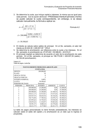 Formulación y Evaluación de Proyectos de Inversión
Corporación Financiera Nacional
3. Se determina la cuota, que incluye capital e intereses, la misma que es igual para
cada período. Con la opción del Excel: +PAGO(tasa-interés;# períodos;-monto)
se puede calcular la cuota correspondiente, sin embargo, si se desea
calcular manualmente, la fórmula a aplicar es:






−+
+
=
1))^1((
))^1((
ni
nii
PA Fórmula 4.2






−+
+
=
1)8)^09.01((
8)^09.01(09.0
000.280A
83,588.58=A
4. El interés se calcula sobre saldos de principal. En el 5to. semestre, el valor del
interés es 20.424,36 = 226.937,35 * 18%/2
5. Se determina la amortización, por diferencia entre la cuota y los intereses. En el
4to. semestre, la amortización es: 27.673,82 = 50.588,83 – 22.915,01
6. El principal (capital) se determina de acuerdo al valor de la amortización de cada
período. En el 6to. semestre, el principal es 196.772,89 = 226.937,35 (saldo) –
30.164,46 (amortización).
Tabla 6.12
Tabla de pagos, cuota fija
NUEVO CREDITO MEDIANO/LARGO PLAZO
CUOTA FIJA
MONTO: 280.000,00
PLAZO 10
GRACIA TOTAL 0
GRACIA PARCIAL 2
INTERÉS NOMINAL 9,00%
CUOTA 50.588,83
PERIODO DE PAGO Semestral
PERIODO PRINCIPAL INTERÉS AMORTIZ. CUOTA
1 280.000,00 25.200,00 0,00 25.200,00
2 280.000,00 25.200,00 0,00 25.200,00
3 280.000,00 25.200,00 25.388,83 50.588,83
4 254.611,17 22.915,01 27.673,82 50.588,83
5 226.937,35 20.424,36 30.164,46 50.588,83
6 196.772,89 17.709,56 32.879,27 50.588,83
7 163.893,62 14.750,43 35.838,40 50.588,83
8 128.055,22 11.524,97 39.063,86 50.588,83
9 88.991,37 8.009,22 42.579,60 50.588,83
10 46.411,77 4.177,06 46.411,77 50.588,83
La tabla de pagos personalizada no tiene formato preestablecido, los intereses se
calculan sobre el saldo del capital y la amortización es un dato que lo ingresa el
proyectista.
109
 
