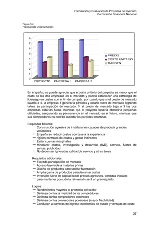 Formulación y Evaluación de Proyectos de Inversión
Corporación Financiera Nacional
Figura 3.4
Precio/costo unitario/margen
0
1
2
3
4
5
6
7
8
PROYECTO EMPRESA 1 EMPRESA 2
PRECIO
COSTO UNITARIO
MARGEN
En el gráfico se puede apreciar que el costo unitario del proyecto es menor que el
costo de las dos empresas en el mercado y podría establecer una estrategia de
liderazgo en costos con el fin de competir, por cuanto que si el precio de mercado
bajaría a 4, la empresa 1 generaría pérdidas y estaría fuera de mercado logrando
talvez su participación de mercado. Si el precio de mercado baja a 3 las dos
empresas estarían fuera, mientras que el proyecto todavía obtendría pequeñas
utilidades, asegurando su permanencia en el mercado en el futuro, mientras que
sus competidores no podrán soportar las pérdidas incurridas.
Requisitos básicos:
− Construcción agresiva de instalaciones capaces de producir grandes
olúmenesv
− mpeño en reducir costos con base a la experienciaE
− ígidos controles de costos y gastos indirectosr
− vitar cuentas marginalesE
− Minimizar costos, investigación y desarrollo (I&D), servicio, fuerza de
entas, publicidadv
− No deben ser ignoradas calidad de servicio y otras áreas
R uisitos adicionales:eq
− levada participación en mercadoE
− cceso favorable a materias primasA
− iseño de productos para facilitar fabricaciónD
− mplia gama de productos para derramar costosA
− nversión fuerte de capital inicial, precios agresivos, pérdidas inicialesI
− para mantener posición la reinversión será un prerrequisito
L os:ogr
− endimientos mayores al promedio del sectorR
− efensa contra la rivalidad de los competidoresD
− efensa contra compradores poderososD
− efensa contra proveedores poderosos (mayor flexibilidad)D
− Conducen a barreras de ingreso: economías de escala y ventajas de costo
37
 