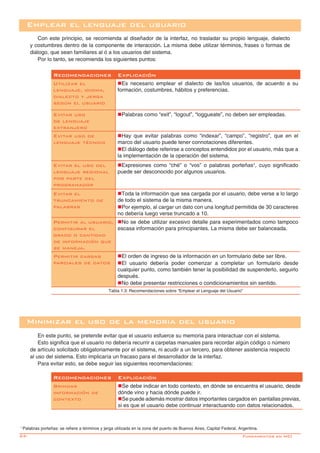 24-
Minimizar el uso de la memoria del usuario
En este punto, se pretende evitar que el usuario esfuerce su memoria para interactuar con el sistema.
Esto significa que el usuario no debería recurrir a carpetas manuales para recordar algún código o número
de artículo solicitado obligatoriamente por el sistema, ni acudir a un tercero, para obtener asistencia respecto
al uso del sistema. Esto implicaría un fracaso para el desarrollador de la interfaz.
Para evitar esto, se debe seguir las siguientes recomendaciones:
Recomendaciones Explicación
Brindar
información de
contexto	
nSe debe indicar en todo contexto, en dónde se encuentra el usuario, desde
dónde vino y hacia dónde puede ir.
nSe puede además mostrar datos importantes cargados en pantallas previas,
si es que el usuario debe continuar interactuando con datos relacionados.
1
Palabras porteñas: se refiere a términos y jerga utilizada en la zona del puerto de Buenos Aires, Capital Federal, Argentina.
Recomendaciones Explicación
Utilizar el
lenguaje, idioma,
dialecto y jerga
según el usuario	
nEs necesario emplear el dialecto de las/los usuarios, de acuerdo a su
formación, costumbres, hábitos y preferencias.
Evitar uso
de lenguaje
extranjero
nPalabras como “exit”, “logout”, “loggueate”, no deben ser empleadas.
Evitar uso de
lenguaje técnico
nHay que evitar palabras como “indexar”, “campo”, “registro”, que en el
marco del usuario puede tener connotaciones diferentes.
nEl diálogo debe referirse a conceptos entendidos por el usuario, más que a
la implementación de la operación del sistema.
Evitar el uso del
lenguaje regional
por parte del
programador
nExpresiones como “ché” o “vos” o palabras porteñas�, cuyo significado
puede ser desconocido por algunos usuarios.	
Evitar el
truncamiento de
palabras
nToda la información que sea cargada por el usuario, debe verse a lo largo
de todo el sistema de la misma manera.
nPor ejemplo, al cargar un dato con una longitud permitida de 30 caracteres
no debería luego verse truncado a 10.
Permitir al usuario,
configurar el
grado o cantidad
de información que
se maneja.
nNo se debe utilizar excesivo detalle para experimentados como tampoco
escasa información para principiantes. La misma debe ser balanceada.
Permitir cargas
parciales de datos
nEl orden de ingreso de la información en un formulario debe ser libre.
nEl usuario debería poder comenzar a completar un formulario desde
cualquier punto, como también tener la posibilidad de suspenderlo, seguirlo
después.
nNo debe presentar restricciones o condicionamientos sin sentido.
Tabla 1.3: Recomendaciones sobre “Emplear el Lenguaje del Usuario”
Emplear el lenguaje del usuario
Con este principio, se recomienda al diseñador de la interfaz, no trasladar su propio lenguaje, dialecto
y costumbres dentro de la componente de interacción. La misma debe utilizar términos, frases o formas de
diálogo, que sean familiares al ó a los usuarios del sistema.
Por lo tanto, se recomienda los siguientes puntos:
Fundamentos en HCI
 