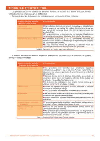 -51
Tipos de Prototipos
Los prototipos se pueden clasificar de diferentes maneras, de acuerdo a su tipo de evolución, medios
utilizados, técnicas empleadas, grado de fidelidad.
De acuerdo a su tipo de evolución, los prototipos pueden ser revolucionarios o evolutivos:
Clasificación según
Tipo de Evolución
Explicación
Prototipo
Revolucionario
nEl prototipo es diseñado, construido, evaluado y es utilizado hasta
que se alcanza la completitud del modelo del sistema, una vez que
esto sucede se comienza desde cero con la implementación del
producto final.
nEs un prototipo que se descarta, una vez que sea utilizado como
herramienta representativa del diseño de la interfaz del usuario.
Prototipo Evolutivo nEl prototipo evoluciona y se va optimizando mediante las
modificaciones iterativas hasta alcanzar la implementación completa
del sistema de software final.
nEn las versiones finales del prototipo se deberán incluir los
algoritmos funcionales de la componente de aplicación.
Tabla 2.5: Clasificación del Prototipo según grado de Evolución.
Si tenemos en cuenta las técnicas empleadas en el proceso de construcción de prototipos, se pueden
distinguir los siguientes tipos:
Clasificación según
Técnicas empleadas
Explicación
Prototipos MockUps nSon prototipos muy sencillos que únicamente describen
interacciones particulares con el sistema. Permiten implementar un
escenario, una situación particular de una interacción o un diálogo
con el sistema.
nConsiste de una serie de diseños de pantallas presentadas al
usuario en papel o por computadora, a través de las cuáles son
analizadas y evaluadas heurísticamente.
nEs la técnica de prototipación más simple, menos costosa y es
utilizada comúnmente en etapas iniciales.
Escenarios nPueden ser impresos en papel o en video, describen la situación
actual de un proceso de trabajo.
nSon utilizados en las entrevistas realizadas a los usuarios.
Glosarios nSon documentaciones que especifican la terminología del lenguaje
profesional del dominio de la aplicación.
nOfrecen referencias a objetos relevantes usados en el dominio de
aplicación.
Manuales del usuario
tempranos
nProveen documentación y detalles específicos de las operaciones
provistas y reflejan los diferentes modos de uso.
Herramientas de
software
nBasado en una técnica de representación formal, define una
versión ejecutable del sistema.
nHay prototipos para interfaces representadas por diagramas de
transición y estado, hay prototipos basados en gramáticas BNF ó en
mecanismos orientados a eventos.
Tabla 2.6: Clasificación del Prototipo según Técnicas utilizadas
Proceso de Desarrollo de la Interfaz del Usuario
 