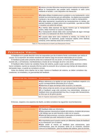74-
Feedback Visual
Al feedback se lo puede describir como las respuestas que da el sistema frente a actividades que realiza el
usuario. Es la expresión del estado resultante del sistema luego de acciones efectuadas por el usuario.
El feedback puede estar presente antes de la realización de una acción, en forma de feedback preventivo,
durante ella, o al finalizarse, manifestándose a través de los mensajes de error o de cierre.
El feedback debe mostrar las variables físicas del sistema, puede surgir cuando ciertas acciones o datos
fueron olvidados, cuando se necesita informar sobre la evolución de un proceso cuyo tiempo de respuesta es
demasiado largo, o cuando se cometieron errores.
Antes de analizar cómo diseñar de la mejor manera el feedback del sistema, se deben considerar dos
cuestiones: la inmediatez y la granularidad del feedback.
Aspectos del Feedback Explicación
Inmediatez nHace referencia a la rapidez en que surge el feedback respecto a la
acción correspondiente efectuada por el usuario.
nDetermina el lapso de tiempo entre la acción y la reacción.
Granularidad nSe refiere al tipo de acción a la que está asociado el feedback.
nSi el feedback surge ante acciones muy elementales, entonces el
feedback tiene una granularidad muy fina, si surge ante transacciones,
se dice que es de grano grueso.
Tabla 3.6: Aspectos relacionados al Feedback.
Entonces, respecto a los aspectos de diseño, se debe considerar las siguientes recomendaciones:
Recomendaciones Explicación
Analizar la información
expresada
nEl feedback debe ser informativo.
nDebe expresar claramente el estado del sistema, el estado del proceso
o del diálogo que se esté llevando a cabo con el usuario.
nDebe dar datos precisos, correctos, adecuados al contexto, a la sesión
y a la actividad que esté realizando el usuario.
Determinar categoría o
clases de feedback
nEs importante que el usuario cuente con diferentes clases de feedback
en su interacción con el sistema.
nDebe existir al menos un feedback para aclaraciones, para
confirmaciones, para los procesos -tanto en su iniciación, duración
como en su finalización-, para los estados del sistema, para los errores.
Proveer distintos medios
para la manipulación
nAnalizar y brindar diferentes mecanismos para realizar la manipulación.
nQue la manipulación sea posible tanto mediante el ratón como
mediante el teclado, u otro dispositivo de interacción.
Combinar manipulación
directa con feedback
nSe debe reflejar el estado previo y posterior a una manipulación, como
también los movimientos que son admisibles, los objetos que se pueden
manipular y las zonas permitidas para llevar a cabo la manipulación.
nSe debe representar visualmente las manipulaciones no válidas, por
ejemplo trasladar un objeto sobre otro no permitido, que éste se inhiba
o visualice una señal de rechazo.
Que sea obvia nLa interfaz debe expresar de alguna manera que la manipulación
existe y debe incentivar al usuario a realizarlas.
nLa manipulación directa debe estar acompañada de algún mensaje
que incite a la realización de dicho movimiento.
Alcance de la
manipulación
nEl usuario debe tener claro mediante la interfaz, los límites de la
manipulación. Si realmente, puede manipular objetos entre distintas
ventanas, entre distintas áreas de la misma o no.
Tabla 3.5: Recomendaciones de diseño para Manipulación Directa.
Normas de Diseño de Interfaces Visuales
 