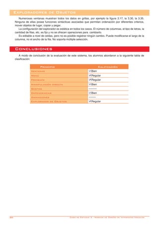 88-
Exploradores de Objetos
Numerosas ventanas muestran todos los datos en grillas, por ejemplo la figura 3.17, la 3.30, la 3.35.
Ninguna de ellas posee funciones sintácticas asociadas que permitan ordenación por diferentes criterios,
mover objetos de lugar, copiar y pegar.
La configuración del explorador es estática en todos los casos. El número de columnas, el tipo de letras, la
cantidad de filas, etc. es fijo y no se ofrecen operaciones para cambiarlo.
Es editable a nivel de celdas, pero no es posible registrar ningún cambio. Puede modificarse el largo de la
columna, no el ancho de la fila. No soporta múltiple selección.
Conclusiones
A modo de conclusión de la evaluación de este sistema, los alumnos abordaron a la siguiente tabla de
clasificación:
Principio Calificación
Ventanas Bien
Menú Regular
Feedback Regular
Manipulación directa Bien
Gestos ---------
Dependencias Bien
Animaciones --------
Explorador de Objetos Regular
Caso de Estudio 3 - Normas de Diseño de Interfaces Visuales
 