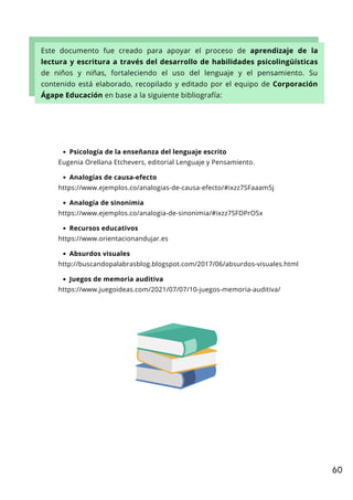 60
Psicología de la enseñanza del lenguaje escrito
Analogías de causa-efecto
Analogía de sinonimia
Recursos educativos
Absurdos visuales
Juegos de memoria auditiva
Eugenia Orellana Etchevers, editorial Lenguaje y Pensamiento.
https://www.ejemplos.co/analogias-de-causa-efecto/#ixzz7SFaaam5j
https://www.ejemplos.co/analogia-de-sinonimia/#ixzz7SFDPrOSx
https://www.orientacionandujar.es
http://buscandopalabrasblog.blogspot.com/2017/06/absurdos-visuales.html
https://www.juegoideas.com/2021/07/07/10-juegos-memoria-auditiva/
Este documento fue creado para apoyar el proceso de aprendizaje de la
lectura y escritura a través del desarrollo de habilidades psicolingüísticas
de niños y niñas, fortaleciendo el uso del lenguaje y el pensamiento. Su
contenido está elaborado, recopilado y editado por el equipo de Corporación
Ágape Educación en base a la siguiente bibliografía:
 