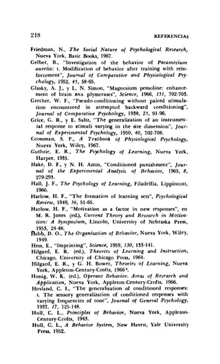 218 REFERENCIAS
Friedman, N., The Social Nature af Psychalagical Research,
Nueva York, Basic Books, 1967.
Gelber, B., "Investigatíon of the behavior of Paramecium
aurelia: I. Modification of behavior after training with reino
forcement", [ournal ot Comparative and Physialagical Psy·
chology, 1952, 45, 58-65.
Glasky, A. j., Y L. N. Simon, "Magnesium pemoline: enhance-
ment of brain RNA plymerases", Science, 1966, 151, 702-703.
Grether, W. F., "Pseudo-conditioning without paired stimula-
tion encountered in attempted backward conditioning",
[ournal af Comparatiue Psychology; 1938, 25, 91-96.
Gríce, G. R., Y E. Saltz, "The generalization of an ínstrumen-
tal response to stimuli varying in the size dimensión", [our-
nal af Experimental Psychalagy, 1950, 40, 702-708.
Grossman, S. P., A Textbook af Physialagical Psychology,
Nueva York, Wiley, 1967.
Guthrie, E. R., The Psyehalagy of Learning, Nueva York,
Harper, 1935.
Hake, D. F., Y N. H. Azrin, "Conditioned punishrnent", [our-
nal af the Experimental Analysis af Behauior, 1965, 8,
279-293.
Hall, J. F., The Psychalagy af Learning, Filadelfia, Lippincott,
1966.
Harlow, H. F., "The formation of learning sets", Psychalagical
Reoietu, 1949, 56, 51-65.
Harlow, H. F., "Motivation as a factor in new responses", en
M. R. Jones (ed.), Current Theary and Research in Motiva-
tian: A Sympasium, Lincoln, University of Nebraska Press,
1953, 24-48.
gebb, D. O., The Ol'ganizatian af Behauior, Nueva York, Wiley,
1949.
Hess, E., "Imprinting", Science, 1959, 130, 133-141.
Hilgard, E. R. (ed.), Theories af Learning and Instruction,
Chicago, University of Chicago Press, 1964.
Hilgard, E. R., Y G. H. Bower, Theories o] Learning, Nueva
York, Appleton-Century-Crofts, 1966 3.
Honig, W. K. (ed.) , Operant Beñauior, Areas af Research and
Applicatian, Nueva York, Appleton-Century-Crofts, 1966.
Hovland, C. L, "The generahzation of conditioned responses:
l. The sensory generalizarion of conditioned responses with
varying frequencies of tone", [ournal af General Psychology,
1937, 17, 125-148.
Hull, C. L., Principies o] Behaoior, Nueva York, Appleton-
Century-Crofts, 1943.
Hull, C. L., A Behaoior System, New Haven, Yale University
Press, 1952.
 
