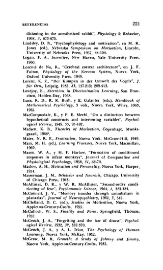 REFERENCIAS 221
ditioning in the anesthetized rabbit", Physiology & Behavior,
1968, 3, 673-675.
Lindsley, D. R.• "Psyehophysiology and rnotivarion", en M. R.
Jones (ed.), Nebraska Symposium on Motioation, Lineoln,
University of Nebraska Press, 1957, 44-104.
Logan, F. A., Incentive, New Haven, Yale University Press,
1960.
Lorenté de No, R., "Cerebral cortex: architecture", en J. F.
Fulton, Physiology 01 the Neruous System, Nueva York,
Oxford University Press, 1949.
Lorenz, K. Z., "Del' Kumpan in del' Umwelt des Vogels", l-
[úr Om., Leipzig, 1935, 83, 137-213; 289-413.
Lovejoy, E., Attention in Discrimination Learning, San Fran-
cisco, Holden-Day, 1968.
Luce, R. D., R. R. Bush, y E. Galanter (eds.j, Handbook o/
Mathematical Psychology, 3 vols., Nueva York, Wiley, 1963,
1965.
MacCorquodale, K., y P. E. Meehl, "On a distinction between
hypothetieal constructs and intervening variables", Psychol-
ogical Reuieui, 1949, 55, 95-107,
Madsen, K. B., Theories 01 Motiuation, Copenhage, Munks..
gaard, 1968'.
Maier, N. R. F., Frustration, Nueva York, MeGraw-Hill, 1949.
Marx, M. H. (ed.), Learning Processes, Nueva York, Macmillan,
1969.
Mason, W. A., y H. F. Harlow, "Forrnation of conditioned
responses in infant monkeys", [ournal 01 Comparative and
Physiological Psychology, 1958, 51, 68..70.
Maslow, A, H., Motiuation and Persona lit y, Nueva York, Harper,
1954.
Masserman, J. M., Behaoior and Neurosis, Chicago, University
of Chicago Press, 1943.
McAllister, D. R., Y W. R. McAlIister, "Second-order condi-
tioning of fea1''', Psychonomic Science, 1964, 1, 383-384.
McConnell, J .. V., "Memory transfer through cannibalism in
planarias", [ournal of Neuropsychiatry, 1962, 3, 542.
McClelland, D. C. (ed.), Studies in Motioation, Nueva York,
Appleron-Cenrury..Crofts, 1955..
MeCulloch, W. S., Finality and Form, Springfield, Thomas,
1952.
MeGeoch, J. A., "Forgetting and the law of disuse", Psychol-
ogical Reuieui, 1932, 39, 352-370.
MeGeoch, J. A., Y A. L. Irion, The Psychology 01 Human
Leaming, Nueva York, McKay, 1952.
McGraw, M. B., Growth: A Study 01 ]ohnny and ]immy,
Nueva York, Appleton-Century-Crofts, 1935..
 
