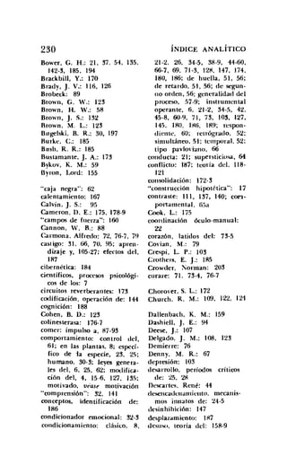 230
Bower, G. H.: 21, 37. 54, 135.
142-3, 185, 194
Brackbill, Y.: 170
Brady, J. V.: 16, 126
Brobeck: 89
Brown, G. W.: 123
Brown, H. W.: 58
Brown, J. S.: 1'!J2
Brown, M. L.: 123
Bngelski. B. R.: 30, 197
Burk", C.: 185
Bush, R. R.: 185
Bustamante, J. A.: 173
Bykov, K. M.: 59
Byron, Lord: 155
"caja negra"; 62
calentamiento: 167
Calvin, J. S.: 95
Cameron. n. E.: 175, 178-9
"campos de fuerza": 160
Cannon, W. R.: 88
Carmona, Alfredo: 72, 76-7, N
castigo: 31, 66, 70, 95; apren-
dizaje y, 105·27; efectos del,
187
cibernética: 184
científicos, procesos psicológi-
cos de los: 7
circuitos reverberantes: In
codificación. operación de: 144
cognición: 188
Cohen, B. D.: 123
colinesterasa: 176-7
comer: impulso a, 87·93
comportamiento: control del,
61; en las plantas. 8; especí-
fico de ia especie, 23, 25;
humano, 30-3; leyes genera-
les del, 6, 25, 62; modifica-
ción del, 4, 15-6. 127. 13.';;
motivado, uease motivación
"comprensión": 32, 141
conceptos, identificación de:
186
condicionador emocional: 32-3
condicionamiento: clásico. 8.
ÍNDICE ANALÍTICO
21-2. 26. 34-5, 38·9, 44-60.
66-7, 69. 71-3, 128. 147, 174.
180, 186; de huella, 51, 56;
de retardo. 51, 56; de segun-
110 orden, .~6; gen"ralidad del
proceso, 57-9; instrumental
operante. 6. 21-2, 34-5, 42,
45-8, 60-9. 71, 7'!J, 103, 127,
145. 180. 186. 189; wspon-
diente, 60; retrógrado, 52;
simultáneo, 51; temporal, 52;
tipo pavloviano. 66
conducta: 21; supersticiosa, 64
conflicto: 187; teotia del, 118-
121
consolidación: 172-3
"construcción hipotética": 17
contraste: 111, 137, 140; con-
portamental. 6!ia
Cook, L.: 175
coordinación óculo-manual:
2'2
corazón, latidos del: 73-5
Covian , M.: 79
Crespi, L. P.: 103
Crothers, E. J.: 185
Crowder, Norman: 203
curare: 71, 73-4, 76-7
Chorover, S. L.: 172
Church, R. M.: 109, 122. 121
Dallenbach, K. M.: 159
Dashiell, J. E.: 94
Deese, J.: 107
Delgado, J. M.: 108, 123
Demierre: 76
Denny. M. R.: 67
depresión: 103
desarrollo. períodos críticos
de: 25. 28
Descartes, René: 44
desencadeuamicuto, mecanis-
mos innatos de: 24-5
desinhibición: 147
desplazamiento: 187
desuso, teoría del: 158-9
 
