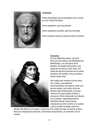 Aristóteles
Padre etimológico de la psicología se le conoce
por los 3 tipos de almas
Alma-vegetativa: para las plantas
Alma vegetativa-sensible: para los animales
Alma sensitiva-racional: para los seres humanos.

Descartes
En sus diferentes obras, como El
Discurso del método, las Meditaciones
Metafísicas, Los principios de la
filosofía, El tratado del hombre, Las
pasiones del alma y otros más, nos
habla de asuntos diversos de la mente,
del alma, del cerebro, de sus partes y
tantas cosas más.
Nos habla que nosotros somos alma,
con cuerpo, que estamos
entremezclados con este en cada una
de sus partes, nos indica cómo se
efectúa esta entremezcla, y de qué
manera el cuerpo afecta al alma y
viceversa. Dicha interacción se efectúa
en el cerebro, específicamente la
Glándula Pineal, centro de las
interacciones entre el alma y el cuerpo,
y allí es donde se dejan sentir los
efectos del alma en el cuerpo y viceversa. Por medio de esta, es donde el alma
tiene sus respectivas pasiones, emociones, sensaciones, en conexión con el
cuerpo.
12

 