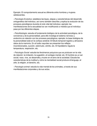 Ejemplo: El comportamiento sexual es diferente entre hombres y mujeres
adolescentes.
- Psicología Evolutiva: establece las leyes, etapas y características del desarrollo
ontogenético del individuo, así como también describe y explica la evolución de los
procesos psicológicos durante el ciclo vital del individuo; ejemplo: las
manifestaciones de la sexualidad se van modificando a medida que el individuo
pasa por las diferentes etapas.
- Psicofisiología: estudia el fundamento biológico de la actividad psicológica, de la
conciencia y de la personalidad, para ello investiga el sistema nervioso y
endocrino en relación con los procesos psicológicos; ejemplo: la base biológica de
la personalidad está en la corteza cerebral. El lóbulo temporal registra y almacena
datos de la memoria. En el bulbo raquídeo se presentan los reflejos
incondicionados, succión, estornudo, vómito, etc. El hipotálamo regula la
temperatura, respiración, etc.
- Psicología Social: estudia los fenómenos psíquicos que se producen en la vida
de relación: la imitación, la sugestión, el contagio mental, etc. El hombre es un ser
social, nace, vive, se desarrolla y muere en el seno de la sociedad. Estudia las
características de la multitud y cómo la mentalidad social produce el lenguaje, el
arte, la religión, el derecho, etc.
- Psicología animal: estudia la vida mental de los animales, a través de sus
manifestaciones corporales y de sus actos.

35

 