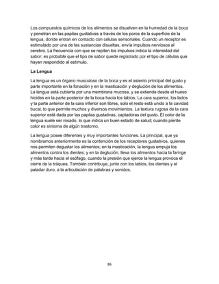 Los compuestos químicos de los alimentos se disuelven en la humedad de la boca
y penetran en las papilas gustativas a través de los poros de la superficie de la
lengua, donde entran en contacto con células sensoriales. Cuando un receptor es
estimulado por una de las sustancias disueltas, envía impulsos nerviosos al
cerebro. La frecuencia con que se repiten los impulsos indica la intensidad del
sabor; es probable que el tipo de sabor quede registrado por el tipo de células que
hayan respondido al estímulo.
La Lengua
La lengua es un órgano musculoso de la boca y es el asiento principal del gusto y
parte importante en la fonación y en la masticación y deglución de los alimentos.
La lengua está cubierta por una membrana mucosa, y se extiende desde el hueso
hioides en la parte posterior de la boca hacia los labios. La cara superior, los lados
y la parte anterior de la cara inferior son libres, solo el resto está unido a la cavidad
bucal, lo que permite muchos y diversos movimientos. La textura rugosa de la cara
superior está dada por las papilas gustativas, captadoras del gusto. El color de la
lengua suele ser rosado, lo que indica un buen estado de salud; cuando pierde
color es síntoma de algún trastorno.
La lengua posee diferentes y muy importantes funciones. La principal, que ya
nombramos anteriormente es la contención de los receptores gustativos, quienes
nos permiten degustar los alimentos; en la masticación, la lengua empuja los
alimentos contra los dientes; y en la deglución, lleva los alimentos hacia la faringe
y más tarde hacia el esófago, cuando la presión que ejerce la lengua provoca el
cierre de la tráquea. También contribuye, junto con los labios, los dientes y el
paladar duro, a la articulación de palabras y sonidos.

86

 