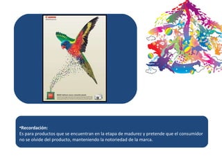 Recordación: Es para productos que se encuentran en la etapa de madurez y pretende que el consumidor no se olvide del producto, manteniendo la notoriedad de la marca.  