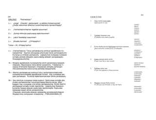 241
240
DIÁLOGO "Kacharpaya."
L— ¡Jorge! ¡Claudio!, ¡qankunapis! uj ratitota chimpamuychej!
¿Imata ruasunman qhechua cursonchejmanta ripunanchejpaj?
J— ¡Yachachejninchejman regalota qosunman!
C— ¡Sumaj mikhuyta paykunapaj wakichisunman!
A— ¡Jatun fiestatataj ruasunman!
L— ¡Kosalla kanman! ¿Ch'isipajchu?
Todos— Arí, ch'isipaj kachun.
···················································································································
L— ¡Yachachejkuna: Tukuy yachakajkunaj sutinkupi agradeceyta mu-
nasaykichej! Kayman jamuspaqa qhechuata mana yacharqaykuchu.
Kunanqa uj chhikata yachaykuña. Llajtaykuman kutispaqa runaswan
sumajta parlayta atisqayku paykunatataj astawan yanapasqayku.
Diuspagarasunkichej.
A— Noqapis agradeceyta munasaykichej sinchi pacienciayoj kasqayki-
chejrayku. Mayninpijina mana allinta ruarqanichu. Fiestasman ri-
naypaj ch'isimanta llojserqani. Chaywanpis ashqata yacharqani.
Disculpariwaychej mana sumaj yachakaj kasqaymanta.
R— Warmis yachakajkunaj sutinkupi tukuy yachachejninchejkunata
compañerosninchejtataj agradeceyta munani. Kay cursopeqa ash-
qata yachakayku. Kunanqa llajtamasisniykuwan allinta parlasqayku.
M— Kay qhechua cursopeqa mayta kusikuni. Qankunaqa sumajta qhe-
chuata yachakankichej; tukuyniykichejpaj diploma kanqa. Alber-
topajpis. Kay cursopeqa runa simita yachakankichej. RUNA SIMITA
yachaspaqa sumajta runata rejsinkichej. Llajtankuman fiestasnin-
kumantaj rispaqa astawan paykunata rejsinkichejña. Paykunata
rejsispaqa aswan allinta yanapankichej.
Chayrayku qhechuata astawan astawantaj yachakanaykichejpuni.
Noqaqa tukuy sonqoywan nirisaykichej: ¡TINKUNAKAMALLA!
EJERCICIOS
1. Jaqay michej wist'u chaki.
Aquel pastor es cojo.
(sordo)
(flaco)
(avaro)
(pobre)
(gordo)
(joven)
2. Yachakaj llajtaman risan.
El alumno está yendo al pueblo.
(pastor)
(jugador)
(vencedor)
(comprador)
3. Kinsa chunka pesosta llank'ajman kutichiyta munasani.
Quiero devolver treinta pesos al trabajador.
(profesor)
(vendedor)*
(jugador)
(alumno)
(comprador)
4. Kunan jamojqa ancha mich'a.
El que viene hoy es muy tacaño.
(ahora mismo)
(mañana)
(pasado mañana)
5. Pujllasaj sumaj runa.
El que está jugando es buena persona.
(sembrando)
(cultivando)
(bañando)
(saltando)
(llegando)
(saliendo)
6. Waqasaj wawaqa Pedroj wawan.
El niño que está llorando, es hijo de Pedro.
(mamando)
(sonriendo)
(cantando)
(durmiendo)
 
