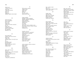 304 305
khuska, junto
–nta, por, a través de
ujyay, beber
–kama, hasta, mientras
llant'a, leña
kachi, sal
lampa, pala
qhepa(n), siguiente, detrás, depués
18
q'aytu, hilo de lana
ama, no (prohibitivo)
jank'a, tostado
kutiy, volver
chaka, puente
mayllay, lavar (manos, utensilios)
qori, oro
waqay, llorar
chaymanta, después
mayt'uy, envolver, plegar
día, cumpleaños
apaykamuy, traer
19
unay, tiempo largo
watukuy, visitar, echar de menos
qhoya, mina
wañuy, morir
qanimpa, anteayer, el otro día, la otra
vez
kuti, vez
jatun mama, abuela
jatun tata, abuelo
ñawpaj, delante, antes, anterior
rikhuriy, aparecer
mashqa, cuanto
20
qhatiy, seguir, perseguir
chá, quizá
t'akay, derramar, sembrar derramando
ch'ultikuy, bañarse
pusay, llevar, guiar (personas)
ch'ichi, sucio
t'uru, barro
nitaj, tampoco
–sina, parece, probablemente
21
llulla, mentiroso, mentira
chujcha, cabello
sullk'a, menor
qhapaj, rico
ñawi, ojo
sut'i, claro, nítido
qhella, perezoso, flojo
22
t'ipana, prendedor
diachakuy, celebrar cumpleaños
diachaku, cumpleaños (celebración)
chhusu, desinflado
llawqhe, flojo (suelto)
qhapariy, gritar
sua, ladrón
tusuy, bailar
ukhu, dentro, interior, profundo, cuerpo
ch'in, silencio, silencioso, solitario, sin gente
kiki(n), mismo
kallpasapa, fuerte
23
imarayku, ¿por qué?
imanay, ¿qué ocurrir?, ¿qué hacer?
onqosqa, enfermo, enfermedad
nanay, doler
asllamanta, de repente
allinyay, mejorar
jampiy, curar
allinyay, mejorar
jampi, medicina, remedio
k'iruy, envolver (niños)
pampa, llano, suelo
24
sut'iyay, temprano, aclararse, amanecer
tarpuy, sembrar
kallpa, fuerza
ch'onkay, chupar
kallpayoj, fuerte
kiru, diente, muela
chaypacha, entonces
paqarin, madrugada, mañana
jatariy, levantar, retirar
wayk'uy, cocinar, guisar
mayninpijina, de vez en cuando
tipiy, cosechar, el maíz
allay, cavar
qarpay, regar los campos de cultivo
–puni, siempre, mismo
25
llimphu, limpio
tullu, flaco, hueso
laqha, oscuro, oscuridad
phiña, enojado, bravo
phiñakuy, enojarse
wajcha, pobre, huérfano
26
ñaq'ay, degollar
ñaq'ariy, sufrir, padecer
qhatu, puesto de venta al aire libre
qanchis, siete
rimay, reñir, reprender, protestar
jasut'iy, castigar, azotar
chilwi, pollito
chua, plato rústico
chumpi, faja de indio
imilla, niña, chica
qhatera, vendedora en el mercado
sojta, seis
chuñu, papa helada y deshidratada
paqarin, a la mañana
ojot'a, sandalia
27
wakichiy, preparar
ujtawan, una vez más, uno más, otro más,
de nuevo.
suay, robar
qhechuy, quitar
wathia, papas cocinadas en el campo,
–wan, con, más, y
kosapacha, está bien
28
llijt'a, "lejía" para mascar coca
t'ojsiy, punzar, pinchar
sach'a, árbol
yupay, contar
ushpha, ceniza
runtu, huevo
pusaj, ocho
k'aspi, palo
jisq'on (isq'on), nueve
29
jap'iy, coger, agarrar
chunkitu, amorcito, querídita
yapay, yapar, aumentar, añadir
phullu, frasada
khuchi, chancho, cerdo, sucio
alalay, qué frío
ch'arki, carne puesta a secar
chojru, duro
jak'u, harina
pachaj, cien
recoba, mercado
30
siray, coser
llamiy, probar
sajta, comida preparada con
papalisa
wayllay, techar con paja
tanqay, empujar
lajray, rajar, agrietar
31
kutichiy, devolver, contestar
qhora, hierba
–lla, no más
llullakuy, mentir
misi, gato
truequeay, cambiar, trocar
qowi, conejo
maqay, pegar, golpear
ajlla(ku)y, escoger
qhoya runa, minero
32
katari, serpiente, lagarto
chimpay, acercarse
jark'ay, impedir, defender de
atipay, ganar, vencer
casuy, obedecer
ni pi, nadie
ni pipis, nadie
mana ni pipis, nadie (siquiera)
–rara, lleno de
tinkuy, encontrarse con
–puni, siempre
wañuchiy, matar, apagar
saqey, dejar
 