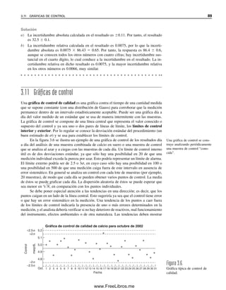 3.11 Gráficas de control
Una gráfica de control de calidad es una gráfica contra el tiempo de una cantidad medida
que se supone constante (con una distribución de Gauss) para corroborar que la medición
permanece dentro de un intervalo estadísticamente aceptable. Puede ser una gráfica día a
día del valor medido de un estándar que se usa de manera intermitente con las muestras.
La gráfica de control se compone de una línea central que representa el valor conocido o
supuesto del control y ya sea uno o dos pares de líneas de límite, los límites de control
interior y exterior. Por lo regular se conoce la desviación estándar del procedimiento (un
buen estimado de ) y se usa para establecer los límites de control.
En la figura 3.6 se ilustra un ejemplo de una gráfica de control de los resultados día
a día del análisis de una muestra combinada de calcio en suero o una muestra de control
que se analiza al azar y a ciegas con las muestras de cada día. Un límite de control interno
útil es de dos desviaciones estándar, ya que sólo hay una posibilidad en 20 de que una
medición individual exceda la pureza por azar. Esto podría representar un límite de alarma.
El límite externo podría ser de 2.5 o 3, en cuyo caso sólo hay una posibilidad en 100 o
una posibilidad en 500 de que una medición caiga fuera de este intervalo en ausencia de
error sistemático. En general se analiza un control con cada lote de muestras (por ejemplo,
20 muestras), de modo que cada día se pueden obtener varios puntos de control. La media
de éstos se puede graficar cada día. La dispersión aleatoria de éstos se puede esperar que
sea menor en N
, en comparación con los puntos individuales.
Se debe poner especial atención a las tendencias en una dirección; es decir, que los
puntos caigan en un lado de la línea central. Esto sugeriría ya sea que el control tiene error
o que hay un error sistemático en la medición. Una tendencia de los puntos a caer fuera
de los límites de control indicaría la presencia de uno o más errores determinados en la
medición, y el analista debería verificar si no hay deterioro de reactivos, mal funcionamiento
del instrumento, efectos ambientales o de otra naturaleza. Las tendencias deben mostrar
Solución
a) La incertidumbre absoluta calculada en el resultado es 0.11. Por tanto, el resultado
es 32.5  0.1.
b) La incertidumbre relativa calculada en el resultado es 0.0075, por lo que la incerti-
dumbre absoluta es 0.0075  86.43  0.65. Por tanto, la respuesta es 86.4  0.6,
aunque se conocen todos los otros números con cuatro cifras; hay incertidumbre sus-
tancial en el cuarto dígito, lo cual conduce a la incertidumbre en el resultado. La in-
certidumbre relativa en dicho resultado es 0.0075, y la mayor incertidumbre relativa
en los otros números es 0.0066, muy similar.
Una gráfica de control se cons-
truye analizando periódicamente
una muestra de control “cono-
cida”.
4.8
1
Oct.
Gráfica de control de calidad de calcio para octubre de 2002
Fecha
Control
meq/dL
4.9
5.0
5.1
2 3 4 5 6 7 8 9 10 11 12 13 14 15 16 17 18 19 20 21 22 23 24 25 26 27 28 29 30 31
5.2
+2.5σ
+2σ
−2σ
−2.5σ Figura 3.6.
Gráfica típica de control de
calidad.
3.11 GRÁFICAS DE CONTROL 89
03Christian(065-123).indd 89
03Christian(065-123).indd 89 9/12/08 13:43:56
9/12/08 13:43:56
www.FreeLibros.me
 