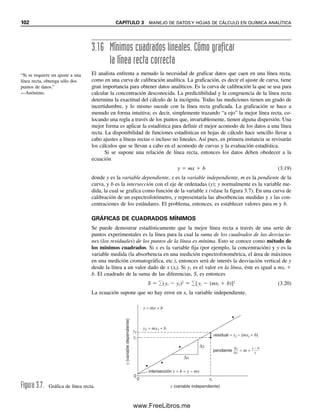 96 CAPÍTULO 3 MANEJO DE DATOS Y HOJAS DE CÁLCULO EN QUÍMICA ANALÍTICA
Al aplicar la prueba t entre dos métodos se supone que ambos métodos tienen esencial-
mente la misma desviación estándar; es decir, cada uno representa la precisión de la población
(la misma ). Esto se puede verificar utilizando la prueba F descrita anteriormente.
Ejemplo 3.18
Se desarrolla un nuevo método gravimétrico para hierro(III) en el que el hierro se precipita
en forma cristalina con un compuesto “jaula” de organoboro. La exactitud del método se
verifica analizando el hierro en la muestra de mineral y comparando con los resultados
obtenidos mediante la precipitación acostumbrada con amoniaco, pesando el Fe2O3. Los
resultados expresados como porcentaje Fe para cada análisis son los siguientes:
Método de prueba Método de referencia
20.10% 18.89%
20.50 19.20
18.65 19.00
19.25 19.70
19.40 1

9

.

4

0

1

9

.

9

9

x
2  19.24%
x
1  19.65%
¿Hay diferencia significativa entre los dos métodos?
Solución
xi1 xi1  x
1 (xi1  x
1)2
xi2 xi2  x
2 (xi2  x
2)2
20.10 0.45 0.202 18.89 0.35 0.122
20.50 0.85 0.722 19.20 0.04 0.002
18.65 1.00 1.000 19.00 0.24 0.058
19.25 0.40 0.160 19.70 0.46 0.212
19.40 0.25 0.062 19.40 0.16 0

.

0

2

6

19.99 0.34 0

.

1

1

6

(xi2  x
2)2
 0.420
(xi1  x
1)2
 2.262
F 
s1
2

s2
2 
0.262/5

0.420/4
 4.31
Esto es menos que el valor tabulado (6.26), de modo que los dos métodos tienen desvia-
ciones estándar comparables y se puede aplicar la prueba t
sp 

(xi1  x
1)2
 (xi2  x
2)2

N1  N2  2


2.262  0.420

6  5  2
 0.546
t 
19.65  19.24

0.546 
(6)(5)

6  5
 1.23
La t tabulada para nueve grados de libertad (N1  N2  2) al nivel de confianza 95% es
2.262 de modo que no hay diferencia estadística en los resultados de los dos métodos.
03Christian(065-123).indd 96
03Christian(065-123).indd 96 9/12/08 13:43:59
9/12/08 13:43:59
www.FreeLibros.me
 