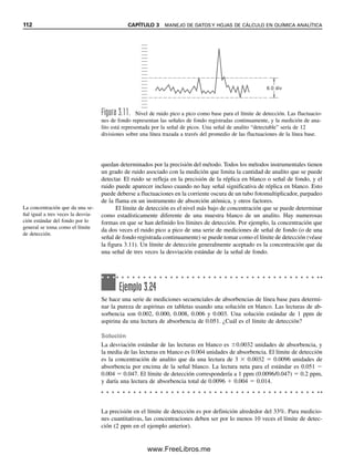 106 CAPÍTULO 3 MANEJO DE DATOS Y HOJAS DE CÁLCULO EN QUÍMICA ANALÍTICA
Véase el capítulo 16 para el cálculo de la desviación estándar de la regresión en una hoja
de cálculo y la desviación estándar de una incógnita para esto.
3.17 Coeficiente de correlación y coeficiente de determinación
El coeficiente de correlación se usa como medida de la correlación entre dos variables.
Cuando las variables x y y están correlacionadas entre sí más que relacionadas funcional-
mente (es decir, no son directamente dependientes una de otra), no se habla del “mejor”
valor correspondiente a un valor dado de x, sino sólo del valor más “probable”. Cuanto
más cercanos son los valores observados a los valores más probables, más definida es la
relación entre x y y. Este postulado es la base de varias medidas numéricas del grado de
correlación.
El coeficiente de correlación de Pearson es uno de los más cómodos para calcular.
Está dado por
r  
(xi  x
)(yi  y
)

nsxsy
(3.27)
donde r es el coeficiente de correlación, n es el número de observaciones, sx es la desvia-
ción estándar de x, sy es la desviación estándar de y, xi y yi son los valores individuales de
las variables x y y, respectivamente, y x
 y y
 son sus medias. El uso de diferencias en el
cálculo a menudo es tedioso y la ecuación se puede transformar en una forma más conve-
niente:
(3.28)
A pesar de su apariencia impresionante, la ecuación 3.28 probablemente sea la más con-
veniente para calcular r, en especial con una calculadora.
El valor máximo de r es 1. Cuando esto ocurre, hay correlación exacta entre las dos
variables. Cuando el valor de r es cero (esto ocurre cuando xy es igual a cero) hay completa
independencia de las variables. El valor mínimo de r es –1. Un coeficiente de correlación
negativo indica que la dependencia supuesta es opuesta a lo que existe y, por tanto, es un
coeficiente positivo para la relación inversa.
La concentración desconocida de riboflavina se calcula mediante
Aplicando el principio de la propagación de error (varianzas absolutas en el numerador
aditivo, varianzas relativas en el paso de división aditivo) se calcula que x  0.275  0.014
ppm.
x 0.275 ?
(15.4 0.6) (0.6 0.4)
53.8 1.0
(y sy) (b sb)
m sm
Un coeficiente de correlación
cercano a 1 significa que hay
relación directa entre dos varia-
bles. Por ejemplo, absorbencia y
concentración.
r
n xi yi xiyi
[n xi
2
( xi )2
][n yi
2
( yi)2
]
xi yi nxy
( xi
2
nx2
)( yi
2
ny2
)
03Christian(065-123).indd 106
03Christian(065-123).indd 106 9/12/08 13:44:04
9/12/08 13:44:04
www.FreeLibros.me
 