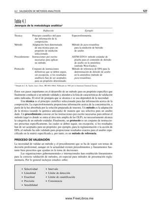 120 CAPÍTULO 3 MANEJO DE DATOS Y HOJAS DE CÁLCULO EN QUÍMICA ANALÍTICA
válida la suposición de que los valores de titulación son estadísticamente diferentes
de la concentración preparada real?
30. En la industria nuclear se llevan registros detallados de la cantidad de plutonio que
se recibe, se transporta y se usa. Cada embarque de pellets de plutonio que se recibe se
analiza cuidadosamente para verificar que la pureza, y por tanto la cantidad total, sean
lo que declara el proveedor. Se analiza un embarque específico con los siguientes
resultados: 99.93, 99.87, 99.91 y 99.86%. La pureza declarada como se recibió del
proveedor es 99.95%. ¿Es aceptable el embarque?
PRUEBA Q
31. Al estandarizar una solución se obtuvieron en réplica las siguientes molaridades:
0.1067, 0.1071, 0.1066 y 0.1050. ¿Puede descartarse uno de los resultados como
debido a error accidental en el nivel de confianza de 95%?
32. ¿Puede rechazarse cualquiera de los datos del problema 14 en el nivel de confianza
de 95%?
33. Se ha establecido la precisión de un método y se obtienen los siguientes datos: 22.23,
22.18, 22.25, 22.09 y 22.17%. ¿Es 22.09% una medición válida en el nivel de con-
fianza de 95%?
ESTADÍSTICA PARA CONJUNTOS PEQUEÑOS DE DATOS
34. Para el problema 15, estimar la desviación estándar de la dispersión. Comparar con
la desviación estándar calculada en el problema.
35. Para el problema 20, usar la dispersión para estimar el límite de confianza en el nivel
de confianza de 95% y comparar con el valor calculado en el problema usando la
desviación estándar.
36. Para el problema 21, usar la dispersión para estimar los límites de confianza en los
niveles de confianza de 95 y 99%, y comparar con los valores calculados en el pro-
blema usando desviación estándar.
MÍNIMOS CUADRADOS
37. Calcular la pendiente de la línea del ejemplo 3.21 usando la ecuación 3.22. Comparar
con el valor calculado utilizando la ecuación 3.23.
38. Se prepara una curva de calibración para determinación colorimétrica de fósforo en
orina haciendo reaccionar soluciones estándar de fosfato con molibdeno (VI) y redu-
ciendo el complejo de ácido fosfomolíbdico para producir el color azul característico.
La absorbencia medida A se grafica contra la concentración de fósforo. A partir de
los siguientes datos, determinar la curva lineal de mínimos cuadrados y calcular la
concentración de fósforo en la muestra de orina:
ppm P A
1.00 0.205
2.00 0.410
3.00 0.615
4.00 0.820
Muestra de orina 0.625
39. Calcular las incertidumbres en la pendiente y la intersección de la línea de mínimos
cuadrados del problema 38 y la incertidumbre de la concentración de fósforo en la
muestra de orina.
03Christian(065-123).indd 120
03Christian(065-123).indd 120 9/12/08 13:44:11
9/12/08 13:44:11
www.FreeLibros.me
 