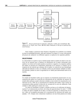 COEFICIENTE DE CORRELACIÓN
40. A partir de los datos siguientes, determinar el coeficiente de correlación entre la
cantidad de toxina producida por un hongo y el porcentaje de extracto de levadura en
el medio de cultivo.
Muestra % Extracto de levadura Toxina (mg)
a) 1.000 0.487
b) 0.200 0.260
c) 0.100 0.195
d) 0.010 0.007
e) 0.001 0.002
41. Los cultivos descritos en el problema 40 tenían los siguientes pesos fungales secos:
muestra a) 116 mg, b) 53 mg, c) 37 mg, d) 8 mg y e) 1 mg. Determinar el coeficiente
de correlación entre el peso seco y la cantidad producida de toxina.
42. Se está desarrollando un método nuevo para la determinación de colesterol en suero
en el cual se mide la rapidez de agotamiento de oxígeno con un electrodo de oxígeno en
la reacción del colesterol con oxígeno, catalizada por la enzima oxidasa de colesterol.
Los resultados de varias muestras se comparan con los del método estándar colori-
métrico de Lieberman. A partir de los siguientes datos, determinar por la prueba t si
hay diferencia estadística significativa entre los dos métodos y calcular el coeficiente
de correlación. Se supone que los dos métodos tienen precisiones similares.
Método Método
Muestra enzimático (mg/dL) colorimétrico (mg/dL)
1 305 300
2 385 392
3 193 185
4 162 152
5 478 480
6 455 461
7 238 232
8 298 290
9 408 401
10 323 315
LÍMITE DE DETECCIÓN
43. Se determina el aluminio en plantas mediante un procedimiento fluorométrico. Siete
blancos preparados dan lecturas de fluorescencia de 0.12, 0.18, 0.25, 0.11, 0.16, 0.26
y 0.16 unidades. Una solución estándar de 1.0 de aluminio dio una lectura de 1.25.
¿Cuál es el límite de detección? ¿Cuál sería la lectura total a este nivel?
ESTADÍSTICA DE MUESTREO
44. Las muestras de cuatro décimas de gramo de pintura de un puente, analizadas para
determinar su contenido de plomo por un método preciso (	1% de desviación están-
dar relativa), dan una precisión relativa de muestreo, R, de 5%. ¿Qué peso de mues-
tra debe tomarse para mejorar esto a 2.5%?
PROBLEMAS 121
03Christian(065-123).indd 121
03Christian(065-123).indd 121 9/12/08 13:44:11
9/12/08 13:44:11
www.FreeLibros.me
 