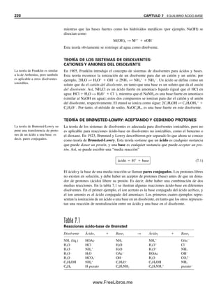 aproximadamente igual a la concentración. Al aumentar la concentración de un electrólito
o al agregarse una sal diversa, el coeficiente de actividad por lo general disminuye y la
actividad se hace menor que la concentración.
FUERZA IÓNICA
A partir de la discusión anterior, se puede ver que el coeficiente de actividad es una función
de la concentración total de los electrólitos en solución. La fuerza iónica es una medida de
la concentración total de electrólitos, y se define por
␮  1
2冱CiZ2
i (6.18)
donde ␮ es la fuerza iónica y Zi es la carga en cada ion individual. Todos los cationes y
los aniones presentes en la solución se incluyen en el cálculo. Obviamente, para cada carga
positiva habrá una carga negativa.
Si está presente más de una sal, la fuerza iónica se calcula a partir de las concentra-
ciones y cargas totales de todos los diferentes iones. Para cualquier electrólito dado, la
fuerza iónica será proporcional a la concentración. Los ácidos fuertes que se ionizan por
completo se tratan de la misma manera que las sales. Si los ácidos se ionizan parcialmente,
entonces la concentración de la especie ionizada se debe estimar a partir de la constante
de ionización antes de calcular la fuerza iónica. Los ácidos muy débiles por lo regular se
pueden considerar como no ionizados, y no contribuyen a la fuerza iónica.
Ejemplo 6.14
Calcular la fuerza iónica de una solución 0.2 M de KNO3 y una solución 0.2 M de
K2SO4.
Solución
Para KNO3,
Para K2SO4,
de modo que,
Obsérvese que debido al SO4
2
, con carga doble, la fuerza iónica del K2SO4 es tres veces
la del KNO3.
Para fuerzas iónicas menores de
104
, los coeficientes de activi-
dad son cercanos a la unidad.
Los iones con cargas más altas
contribuyen más a la fuerza ió-
nica.
[K ] 0.2 M [NO3 ] 0.2 M
0.2
0.2 (1)2
0.2 (1)2
2
CK Z2
K CNO3
Z2
NO3
2
␮
␮
[K ] 0.4 M [SO4
2
] 0.2 M
0.6
0.4 (1)2
0.2 (2)2
2
CK Z2
K CSO4
2 Z2
SO4
2
2
␮
␮
6.15 ACTIVIDAD Y COEFICIENTES DE ACTIVIDAD 211
06Christian(189-218).indd 211
06Christian(189-218).indd 211 9/12/08 14:23:11
9/12/08 14:23:11
www.FreeLibros.me
 