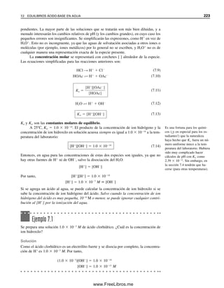 214 CAPÍTULO 6 CONCEPTOS GENERALES DE EQUILIBRIO QUÍMICO
A muy altas concentraciones de electrólitos, los coeficientes de actividad pueden
realmente aumentar y superar la unidad. Esto se debe a que la actividad del disolvente,
agua, disminuye y las especies iónicas solvatadas se desolvatan parcialmente. Esto aumenta
su reactividad, y por tanto su actividad. Obsérvese que la ecuación 6.21 realmente “corrige”
el valor de fi a un valor mayor al aumentar M.
Se pueden formular algunas conclusiones generales alrededor de la estimación de
los coeficientes de actividad.
6.16 Efecto del ion diverso: constante de equilibrio
termodinámico y coeficientes de actividad
Al principio de la última sección sobre actividad se mencionó que la presencia de sales
diversas por lo general aumenta la disociación de electrólitos débiles debido a un enmas-
caramiento (o disminución en la actividad) de las especies iónicas producidas en la diso-
ciación. Se puede predecir el grado del efecto sobre el equilibrio tomando en cuenta las
actividades de las especies en equilibrio.
Hasta ahora, al considerar las constantes de equilibrio se ha supuesto que no hay
efecto del ion diverso, es decir, una fuerza iónica de cero y un coeficiente de actividad de
1. Las constantes de equilibrio se deben expresar más exactamente en términos de activi-
dades más que de concentraciones. Considerar la disociación de AB. La constante de
equilibrio termodinámico (es decir, la constante de equilibrio extrapolada al caso de di-
lución infinita) K°
eq es
K°
eq 
aA  aB

aAB

[A]fA  [B] fB

[AB]fAB
(6.22)
Dado que la constante de equilibrio de concentración Keq  [A][B]/[AB], entonces
K°
eq  Keq
fA  fB

fAB
(6.23)
1. Los coeficientes de actividad de iones de un tipo dado de carga son aproxima-
damente iguales en soluciones de una fuerza iónica dada, y este coeficiente de
actividad es el mismo sin importar sus concentraciones individuales.
2. El comportamiento de los iones se hace menos ideal al aumentar el tipo de carga,
lo que origina una menor confianza al calcular los coeficientes de actividad.
3. El coeficiente de actividad calculado de un ion en una solución de electrólitos
mixtos será menos exacto que en una solución de un solo electrólito.
4. Los coeficientes de actividad de no electrólitos (moléculas sin carga) se puede
considerar en general igual a la unidad para fuerzas iónicas hasta de 0.1, y las
desviaciones de esta aproximación son sólo moderadas en fuerzas iónicas tan
elevadas como 1. Los ácidos sin disociar, HA, son no electrólitos cuyos coefi-
cientes de actividad se pueden tomar como igual a la unidad.
¡Una solución 0.01 M de HCl
preparada en NaCl 8 M tiene
una actividad alrededor de 100
veces mayor que en agua! Su
pH es realmente 0.0. Véase F. E.
Critchfield y J. B. Johnson,
Anal. Chem., 30 (1958) 1247 y
G. D. Christian, CRC Crit. Rev.
en Anal. Chem., 5 (2) (1975)
119-153.
Cuanto mayor sea la carga en
los iones diversos, mayor será
su efecto sobre la actividad.
La actividad de los no electróli-
tos es la misma que la concen-
tración hasta fuerzas iónicas
de 1.
Las constantes de equilibrio ter-
modinámico mantienen las fuer-
zas iónicas.
06Christian(189-218).indd 214
06Christian(189-218).indd 214 9/12/08 14:23:13
9/12/08 14:23:13
www.FreeLibros.me
 