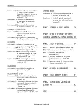 Experimento 26 Determinación espectrofotométrica
en el ultravioleta de aspirina,
fenacetina y cafeína en tabletas de
APC, usando extracción con
disolventes, 773
Experimento 27 Determinación por infrarrojo
de una mezcla de isómeros de
Xileno, 774
Experimento 28 Determinación fluorométrica
de riboflavina (Vitamina B2), 775
MEDICIONES DE ESPECTROMETRÍA ATÓMICA
Experimento 29 Determinación de calcio por
espectrofotometría de absorción
atómica, 776
Experimento 30 Determinación espectrométrica
de sodio por emisión de flama, 778
CROMATOGRAFÍA
Experimento 31 Separación cromatográfica de
aminoácidos en capa delgada, 780
Experimento 32 Análisis de una mezcla terciaria con
cromatografía de gases, 781
Experimento 33 Análisis cualitativo y cuantitativo
de vitamina C en jugos de frutas,
usando cromatografía de líquidos
de alta eficiencia, 783
Experimento 34 Análisis de analgésicos usando
cromatografía de líquidos de alta
eficiencia, 784
ANÁLISIS CINÉTICO
Experimento 35 Determinación enzimática de
glucosa en sangre, 785
ANÁLISIS POR INYECCIÓN DE FLUJO
Experimento 36 Caracterización de los parámetros
físicos de un sistema de inyección
al flujo, 786
Experimento 37 Análisis por inyección al flujo (FIA)
con una sola línea: determinación
espectrofotométrica de
cloruros, 789
Experimento 38 Análisis por inyección al flujo (FIA)
con tres líneas: determinación
espectrofotométrica de fosfato, 790
EXPERIMENTOS EN EQUIPO
Experimento 39 Estudio de validación de método y
de control de la calidad, 793
Experimento 40 Prueba de aptitud: determinación
de valores de z de los experimentos
en clase, 795
APÉNDICE A LITERATURA DE QUÍMICA ANALÍTICA 796
APÉNDICE B REPASO DE OPERACIONES MATEMÁTICAS:
EXPONENTES, LOGARITMOS Y LA FÓRMULA CUADRÁTICA 800
APÉNDICE C TABLAS DE CONSTANTES 804
Tabla C.1 Constantes de disociación de ácidos, 804
Tabla C.2 Constantes de disociación de bases, 805
Tabla C.3 Constantes de producto de
solubilidad, 806
Tabla C.4 Constantes de formación de algunos
quelatos metálicos con EDTA, 807
Tabla C.5 Algunos potenciales de electrodo estándar
y formales de reducción, 808
APÉNDICE D SEGURIDAD EN EL LABORATORIO 810
APÉNDICE E TABLAS PERIÓDICAS EN LA RED 811
APÉNDICE F RESPUESTAS PARA LOS PROBLEMAS
DE NÚMERO PAR 812
ÍNDICE 818
CONTENIDO xxiii
00Christian(i-xxiv)prelim.indd xxiii
00Christian(i-xxiv)prelim.indd xxiii 9/12/08 13:49:18
9/12/08 13:49:18
www.FreeLibros.me
 