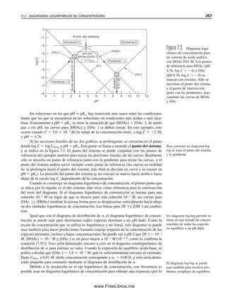 246 CAPÍTULO 7 EQUILIBRIO ÁCIDO-BASE
Alfa
Valores alfa del H3PO4
0.0
0.1
0.2
0.3
0.4
0.5
0.6
0.7
0.8
0.9
1.0
0.0 1.0 2.0 3.0 4.0 5.0 6.0 7.0 8.0 9.0 10.0 11.0 12.0 13.0 14.0
pH
α0:
H3PO4
α1: H2PO4
−
α2: HPO4
2−
α3: PO4
3−
Figura 7.1. Fracciones de las
especies de H3PO4 como fun-
ción del pH.
en las celdas B4, D4 y F4. Los valores de pH se anotan en la columna A. Todas las fórmu-
las necesarias para cada celda aparecen en la parte inferior de la hoja de cálculo y se in-
gresan inicialmente en las celdas con negritas. La fórmula para calcular la concentración
correspondiente de iones hidrógeno (que se usa en el cálculo de ) se introduce en la celda
B6. La fórmula para el denominador que se usa para el cálculo de cada  se introduce en
la celda C6. Obsérvese que las constantes se introducen como valores absolutos, en tanto
que la concentración de iones hidrógeno es un valor relativo. Las fórmulas para los tres
cálculos de  se introducen en las celdas D6, E6 y F6. Todas las fórmulas se copian hacia
abajo hasta la fila 34.
Para preparar las curvas se usa el “Asistente para gráficos” y se trazan secuencialmente
cuatro series de A6:A34 vs. D6:D34, E6:E34, F6:F34 y G6:G34. Se puede usar la hoja de
cálculo para construir la gráfica de la figura 7.1. Se guarda la Hoja 1 en el Escritorio. Abrir
“Asistente para gráficos” y seleccionar “XY (Dispersión)” con puntos de datos conectados
por una línea suave (la segunda subunidad de gráficas abajo a la izquierda). Se hace clic
en “Siguiente”, y para “Rango de datos” anotar A6:A34,D6:D34 (el “Asistente para gráfi-
cos” lo forma automáticamente en: “Hoja 1”!$A$6:$A$34,$D$6:$D$34). (A partir de la
“Hoja 1” se construye la gráfica. El signo 1! es un delineador que separa “Hoja 1” de las
celdas introducidas, y cuando se introducen los valores de X y Y en series separadas se
deberá anotar “Hoja 1!” antes de introducir los intervalos de celdas.) Se hace clic en la
pestaña “Serie”. Nombrar la Serie 1 alfa 0 (H3PO4). Copiar los valores de X al “Portapa-
peles” para poder “pegarlos” en las siguientes series. Hacer clic en “Agregar” para crear
una nueva Serie 2 y observar que se tienen que introducir los valores de X y Y. Pegar los
valores de X y Y del “Portapapeles”. Para los valores de Y, escribir: Hoja 1!E6:E34 (esto
se forma automáticamente a valores absolutos). Nombrar la serie alfa 1 (H2PO4-). Repe-
tir para las columnas F y G para crear las Series 3 y 4 para 2 y 3. Bajo “Opciones de
gráfico”, se introducen el “Título” y los nombres de los ejes X y Y. Se agregan “Líneas
de división”, “principales” y “secundarias”. Hacer clic en “Finalizar” y se verán los valo-
res graficados de . El formato de los rótulos se puede cambiar haciendo clic en “Formato”
en la barra de herramientas (los números, que podrían estar en notación científica, se
pueden cambiar a “Número”). La Escala se puede ajustar. Los Nombres de las Series
se pueden mover hacia dentro de la gráfica seleccionándolos y arrastrándolos hacia ésta.
La figura 7.1 es una gráfica de las fracciones de cada especie de ácido fosfórico como
función del pH. Esta figura ilustra cómo cambian las relaciones de las cuatro especies del
ácido fosfórico al ajustarse el pH, por ejemplo, al titular H3PO4 con NaOH. Aunque algu-
Las curvas que se traslapan re-
presentan regiones amortiguado-
ras. Los valores del pH donde
1 y 2 son 1, representan los
puntos finales al titular H3PO4.
Véase la sección 7.12 para una
manera de representar estas grá-
ficas como líneas rectas (gráfi-
cas log-log).
07Christian(219-265).indd 246
07Christian(219-265).indd 246 9/12/08 14:43:03
9/12/08 14:43:03
www.FreeLibros.me
 