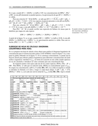 248 CAPÍTULO 7 EQUILIBRIO ÁCIDO-BASE
tración dada de H3PO4 (ninguna otra adición de H
); pero esto implica iteraciones tediosas.
Como primera aproximación, [H
] se podría calcular a partir de Ka1, como en el ejemplo
7.17, suponiendo que sólo era significativo el primer paso de disociación del ácido fosfó-
rico (esto es, de hecho, lo que se hizo en dicho ejemplo). El primer [H
] calculado se
podría usar entonces para sustitución en la ecuación 7.69 para calcular una segunda aproxi-
mación de [H3PO4], que se podría usar para un segundo cálculo iterativo de [H
], usando
Ka1, y así sucesivamente, hasta que la concentración fuese constante.
SALES DE LOS ÁCIDOS POLIPRÓTICOS: ¿ÁCIDOS O BASES?
Las sales de ácidos como H3PO4 pueden ser ácidas o básicas. Las sales protonadas tienen
propiedades tanto ácidas como básicas (H2PO4

, HPO4
2
), en tanto que la sal no protonada
simplemente es una base de Brønsted susceptible de hidrólisis (PO4
3
).
1. Sales anfotéricas. El H2PO4

posee propiedades tanto ácidas como básicas, es decir,
es anfotérico. Se ioniza como ácido débil y también como una base de Brønsted que se
hidroliza:
H2PO4

É H
 HPO4
2
Ka2 
[H
][HPO4
2
]

[H2PO4

]
 7.5  108
(7.76)
H2PO4

 H2O É H3PO4  OH
Kb 
Kw

Ka1

[H3PO4][OH
]

[H2PO4

]

1.00  1014

1.1  102
 9.1  1013
(7.77)
Por tanto, la solución podría ser alcalina o ácida, dependiendo de cuál ionización sea más
extensa. Como Ka2 para la primera ionización es casi 105
veces mayor que Kb para la se-
gunda ionización, la solución en este caso será obviamente ácida.
Se puede obtener una expresión para la concentración de iones hidrógeno en una
solución de un ion como H2PO4

, como sigue. La concentración total de iones hidrógeno
es igual a las cantidades producidas por el equilibrio de ionización en la ecuación 7.76 y
la ionización del agua menos la cantidad de OH
producida por la hidrólisis en la ecuación
7.77. Se puede escribir, entonces,
CH  [H
]total  [H
]H2O  [H
]H2PO4
  [OH
]H2PO4
 (7.78)
o
[H
]  [OH
]  [HPO4
2
]  [H3PO4] (7.79)
Se ha incluido la contribución del agua porque se deberá considerar si el pH de la solución
salina está cerca de 7, aunque en este caso particular la solución será ácida, de manera que
podrá despreciarse la ionización del agua.
Se puede resolver para [H
] sustituyendo las expresiones del lado derecho de la
ecuación 7.79 de las expresiones para constantes de equilibrio 7.59, 7.60 y Kw para elimi-
nar todo menos [H2PO4

], la variable experimental, y [H
]:
[H
] 
Kw

[H
]

Ka2[H2PO4

]

[H
]

[H2PO4

][H
]

Ka1
(7.80)
El H2PO4

actúa como ácido y
como base. Al final de la sec-
ción 7.12 se verá cómo se es-
tima el grado de cada reacción
usando diagramas log-log.
07Christian(219-265).indd 248
07Christian(219-265).indd 248 9/12/08 14:43:04
9/12/08 14:43:04
www.FreeLibros.me
 