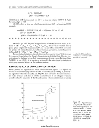 −1
−3
−4
−5
−6
−7
−8
−2
1 2 3 4 5 6 7 8 9 10 11 12
log
C
[OAc−
]
pH
0
[HOAc]
Pendiente 0
[OH–
]
0
Ácido
acético
0.01
M
Acetato
0.01
M
[H+
]
Punto del sistema
pH=pKa
[HOAc]=[OAc−
]
= 1/2 CHOAc
Pendiente 0
Pendiente −1
Pendiente +1
Figura 7.3. Diagrama loga-
rítmico de concentración para
un sistema de ácido acético,
con HOAc 0.01 M. Los puntos
de referencia para HOAc (pH
2.76, log C  4) y OAc
(pH 6.76, log C  4) se
marcan con círculos. Sólo se
necesitan el punto del sistema
y el punto de intersección,
junto con las pendientes, para
construir las curvas de HOAc
y OAc
.
En soluciones en las que pH ≈ pKa, hay transición más suave entre las condiciones
límite que las que se encuentran en las soluciones en condiciones más ácidas o más alca-
linas. Exactamente a pH  pKa, se tiene la situación de que [HOAc]  [OAc
]; de modo
que a ese pH, las curvas para [HOAc] y [OAc
] se deben cruzar. En este ejemplo, esto
ocurre cuando C  5.0  103
M (la mitad de la concentración total), o log C  2.30,
y pH  4.76.
Si las secciones lineales de las dos gráficas se prolongaran, se cruzarían en el punto
donde log C  log CHOAc y pH  pKa. Este punto se llama a menudo el punto del sistema,
y se indica en la figura 7.3. El punto del sistema se puede conjuntar con los puntos de
referencia del ejemplo anterior para trazar las porciones lineales de las curvas. Realmente
sólo se necesita un punto de referencia junto con la pendiente para trazar las curvas, y el
punto del sistema podría servir siempre como punto de referencia (las curvas en realidad
no se prolongan hasta el punto del sistema; más bien se desvían en curva y se cruzan en
pH  pKa). La posición del punto del sistema (y las curvas) se mueve hacia arriba o hacia
abajo de la escala log C, dependiendo de la concentración.
Cuando se construye un diagrama logarítmico de concentración, el primer punto que
se ubica por lo regular es el del sistema; éste sirve como referencia para la construcción
del resto del diagrama. Si el diagrama logarítmico de construcción se trazase para una
solución 104
M en lugar de que se hiciera para esta solución 102
M, las curvas para
[OAc
] y [HOAc] tendrían la misma forma pero se desplazarían verticalmente hacia abajo
en dos unidades logarítmicas de concentración. Las líneas para [H
] y [OH
] no cambia-
rían.
Igual que con el diagrama de distribución de , el diagrama logarítmico de concen-
tración se puede usar para determinar cuáles especies dominan a un pH dado. Como la
escala de concentración que se utiliza es logarítmica y no lineal, este diagrama se puede
usar también para hacer predicciones bastante exactas respecto de la concentración de las
especies presentes, incluso a bajas concentraciones. Se puede ver a pH 2 que [H
]  102
M, [HOAc]  102
M y [OAc–
] es un poco mayor a 105
M [104.76
, como lo confirma la
ecuación (7.97)]. Esto sería demasiado cercano a cero en el diagrama semilogarítmico de
distribución de  para estimar su valor. Usando la expresión de equilibrio ácido-base, se
podría calcular que [OAc–
]  1.8  105
M, que es suficientemente cercano al estimado.
Dada CHOAc a 0.01 M, dicha concentración corresponde a 1  0.0018, y esto sería dema-
siado pequeño para estimarlo mediante el diagrama de distribución de .
Debido a la resolución en el eje logarítmico de concentración, con frecuencia es
posible usar un diagrama logarítmico de concentración para obtener una respuesta (por lo
Para construir un diagrama log-
log se usan el punto del sistema
y la pendiente.
Un diagrama log-log permite es-
timar en una mirada las concen-
traciones de todas las especies
en equilibrio a un pH dado.
El diagrama log-log se puede
usar también para resolver pro-
blemas complejos de equilibrio.
7.12 DIAGRAMAS LOGARÍTMICOS DE CONCENTRACIÓN 257
07Christian(219-265).indd 257
07Christian(219-265).indd 257 9/12/08 14:43:08
9/12/08 14:43:08
www.FreeLibros.me
 