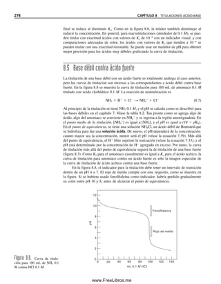 Capítulo ocho
TITULACIONES ÁCIDO-BASE
266
En el capítulo 7 se introdujeron los principios de los equilibrios ácido-base. Éstos son im-
portantes para la construcción y la interpretación de curvas de titulación en titulaciones
ácido-base. En este capítulo se comentarán los diversos tipos de titulaciones ácido-base,
incluyendo la titulación de ácidos o bases fuertes y de ácidos o bases débiles. Se ilustrarán
las formas de las curvas de titulación obtenidas. Mediante una descripción de la teoría de los
indicadores, se explicará la selección de un indicador adecuado para detectar la terminación
de una reacción de titulación dada. Se presentarán titulaciones de ácidos o bases débiles con
dos o más grupos titulables y de mezclas de ácidos o bases. Se describirá el importante
método de análisis de Kjeldahl para analizar nitrógeno en muestras orgánicas y biológicas.
8.1 Ácido fuerte y base fuerte: las titulaciones fáciles
Una titulación ácido-base procede mediante una reacción de neutralización, en la que se
hace reaccionar un ácido con una cantidad equivalente de base. Mediante la construcción
de una curva de titulación se puede explicar fácilmente cómo se pueden detectar los
puntos finales de estas titulaciones; el punto final indica que la reacción ha concluido.
Una curva de titulación se construye graficando el pH de la solución en función del volu-
men de titulante agregado. El titulante es siempre un ácido fuerte o una base fuerte. El
analito puede ser ya sea una base o ácido fuerte o una base o ácido débil.
En el caso de un ácido fuerte contra una base fuerte, tanto el titulante como el ana-
lito están por completo ionizados. Un ejemplo es la titulación de ácido clorhídrico con
hidróxido de sodio:
H
 Cl
 Na
 OH
→ H2O  Na
 Cl
(8.1)
El H
y el OH
se combinan para formar H2O y los otros iones (Na
y Cl
) permanecen
sin cambio, de modo que el resultado neto de la neutralización es la conversión del HCl
en una solución neutra de NaCl. En la figura 8.1 se muestra la curva de titulación para
100 ml de una solución 0.1 M de HCl titulada con una solución 0.1 M de NaOH, graficada
en el ejercicio de hoja de cálculo que se plantea en seguida.
Los cálculos de las curvas de titulación consisten simplemente en el cálculo del pH a
partir de la concentración de las especies particulares presentes en las diversas etapas de la
Sólo se usa como titulante un
ácido o una base fuerte.
Cortesía de Metrohm AG.
08Christian(266-293).indd 266
08Christian(266-293).indd 266 9/12/08 15:37:11
9/12/08 15:37:11
www.FreeLibros.me
 