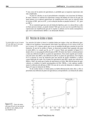 272 CAPÍTULO 8 TITULACIONES ÁCIDO-BASE
8.3 Soluciones estándar ácidas y básicas
El ácido clorhídrico por lo regular se utiliza como el ácido fuerte titulante para la titulación
de bases, en tanto que el hidróxido de sodio es el titulante que se utiliza para los ácidos.
La mayoría de los cloruros son solubles, y son pocas las reacciones secundarias posibles
con el HCl. Este reactivo es de fácil manejo.
Ninguno de éstos es un estándar primario, y por tanto se preparan soluciones de
concentración aproximada y luego se estandarizan titulando una base primaria o un ácido
primario. Se deben tener precauciones especiales para preparar las soluciones, sobre todo
las de hidróxido de sodio. En el capítulo 2 se presentan la preparación y la estandarización
de soluciones titulantes de ácido clorhídrico y de hidróxido de sodio.
8.4 Ácido débil contra base fuerte:
un poco menos sencillo
En la figura 8.5 se muestra la curva de titulación para 100 mL del ácido acético 0.1 M
titulado con hidróxido de sodio 0.1 M. La reacción de neutralización es
HOAc  Na
 OH
→ H2O  Na
 OAc
(8.6)
El ácido acético, que sólo se ioniza unos pocos puntos porcentuales, dependiendo de la
concentración, se neutraliza a agua y una cantidad equivalente de la sal, el acetato de
sodio. Antes de iniciar la titulación se tiene HOAc 0.1 M, y el pH se calcula como se
describe en el capítulo 7 para ácidos débiles.
Indicador
Violeta de metilo
Cristal violeta
Rojo de cresol
Azul de bromofenol
Anaranjado de metilo
Verde de bromocresol
Rojo de metilo
Púrpura (morado) de metilo
Azul de bromotimol
Tornasol
Rojo de cresol
Azul de timol rojo
Fenolftaleína
Timolftaleína
Amarillo R de alizarina
amarillo violeta
amarillo azul
rojo amarillo
amarillo azul
rojo amarillo
amarillo azul
rojo amarillo
morado verde
amarillo azul
rojo azul
amarillo rojo
red amarillo
amarillo
azul
incoloro rojo violeta
incoloro azul
rojo
amarillo
pH
0 2 4 6 8 10 12
Figura 8.4. Intervalos de
transición de pH y colores de
algunos indicadores comunes.
Véase el capítulo 2 para los pro-
cedimientos especiales que re-
quieren la preparación y
estandarización de soluciones
ácidas y básicas.
La parte más plana de la cur-
va y la máxima capacidad de
amortiguación están en el pun-
to medio.
08Christian(266-293).indd 272
08Christian(266-293).indd 272 9/12/08 15:37:15
9/12/08 15:37:15
www.FreeLibros.me
 