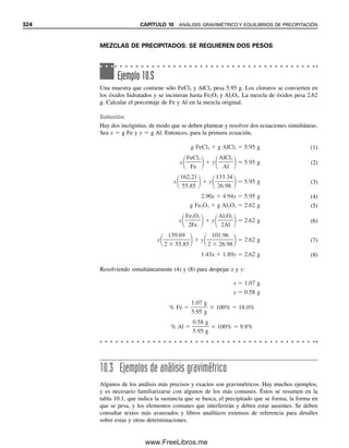 312 CAPÍTULO 9 REACCIONES Y TITULACIONES COMPLEJOMÉTRICAS
de sodio al 10% y 0.50 mL de solución 0.33 M de H2SO4 para precipitar las proteínas.
Después de precipitar las proteínas, la muestra se filtra a través de un filtro seco a un
matraz seco. Se titula una alícuota de 2.00 mL del filtrado con la solución de Hg(NO3)2,
consumiendo 1.23 mL. Calcular los meq/L de cloruro en el suero (nota: el mercurio
rara vez se usa en la actualidad debido a su toxicidad; el problema es ilustrativo).
PROBLEMAS DE HOJA DE CÁLCULO
20. Preparar una hoja de cálculo para la figura 9.2, log Kf⬘ contra pH para los quelatos
de EDTA de calcio, plomo y mercurio. Para esto será necesario calcular ␣4 para el
EDTA y los valores de Kf para los quelatos de calcio, plomo y mercurio. Calcular a
intervalos de pH de 0.5. Comparar la gráfica resultante con la figura 9.2.
21. Preparar una hoja de cálculo para la titulación de 100.00 mL de Ca2⫹
0.1000 M con
Na2EDTA 0.1000 M a pH 10 (pCa contra mL de EDTA, figura 9.3). Comenzar en
10 mL y luego a intervalos de 20 mL de titulante, y disminuir gradualmente hasta
0.05 mL, poco antes y poco después del punto de equivalencia. Ver el ejemplo 9.4.
22. Preparar una hoja de cálculo para graficar los tres valores ␤ para Ag(NH3)2
⫹
como
función de [NH3]. Graficar de 0 a 0.01 M de NH3, comenzando con incrementos de
0.0005 M, y después de cuatro intervalos usar 0.001 M.
Referencias recomendadas
1. Stability Constants of Metal-Ion Complexes. Part A: Inorganic Ligands, E. Hogfeldt,
ed., Part B: Organic Ligands, D.D. Perrin, ed., Oxford: Pergamon, 1979, 1981.
2. A. Martell y R. J. Mostekaitis, The Determination and Use of Stability Constants,
Nueva York: VCH, 1989.
3. J. Kragten, Atlas of Metal-Ligand Equilibria in Aqueous Solución, Londres: Ellis
Horwood, 1978.
4. G. Schwarzenbach, Complexometric Titrations, Nueva York: Interscience, 1957.
5. H. Flaschka, EDTA Titrations, Nueva York: Pergamon, 1959.
6. H. Flaschka y A. J. Barnard, Jr., “Titrations with EDTA and Related Compounds”,
en C. L. Wilson y D. W. Wilson, eds., Comprehensive Analytical Chemistry, vol. 1B,
Nueva York: Elsevier, 1960.
7. F. J. Welcher, The Analytical Uses of Ethylenediaminetetraacetic Acid, Princeton: Van
Nostrand, 1958.
8. F. W. Fales, “Calcium (Complexometric)”, en Standard Methods of Clinical Chemis-
try, vol. 2, D. Seligson, ed. Nueva York: Academic, 1958, pp. 1-11.
9. J. Stary, ed., Critical Evaluation of Equilibrium Constants Involving 8-Hydroxyqui-
noline and Its Metal Chelates, Oxford: Pergamon, 1979.
10. H. A. Flaschka, Chelates in Analytical Chemistry, vols. 1-5, Nueva York: Dekker,
1967-1976.
09Christian(294-312).indd 312
09Christian(294-312).indd 312 9/12/08 15:40:17
9/12/08 15:40:17
www.FreeLibros.me
 