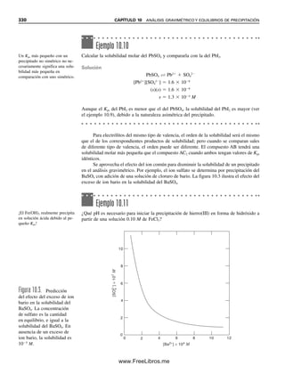 318 CAPÍTULO 10 ANÁLISIS GRAVIMÉTRICO Y EQUILIBRIOS DE PRECIPITACIÓN
con Ag⫹
; esto imparte una carga. (Con precipitados cristalinos, el grado de tal adsorción
por lo general será pequeño en comparación con las partículas que tienden a formar co-
loides.) La adsorción crea una capa primaria que se adsorbe fuertemente y es una parte
integral del cristal. Atrae iones de carga opuesta en una capa de contraiones o capa se-
cundaria, de modo que la partícula tendrá una carga total neutra. Habrá moléculas de di-
solvente entremezcladas entre las capas. Normalmente la capa de contraiones neutraliza
por completo la capa primaria y está cercana a ésta, de modo que las partículas se reúnen
para formar partículas de mayor tamaño; es decir, se coagulan. Sin embargo, si la capa
secundaria está adherida flojamente, la carga de la superficie primaria tenderá a repeler
partículas iguales, manteniendo un estado coloidal.
Cuando se filtran las partículas coaguladas se retienen las capas iónicas adsorbidas
primaria y secundaria junto con el disolvente. El lavado con agua de las partículas aumenta
la cantidad de moléculas de disolvente (agua) entre las capas, haciendo que la capa secun-
daria esté pobremente adherida, y las partículas se revierten al estado coloidal. Este proceso
se llama peptización, y se explica con mayor detalle más adelante, cuando se describa el
lavado de precipitados. La adición de un electrólito dará por resultado una capa secunda-
ria más cercana y promoverá la coagulación. El calentamiento tiende a disminuir la adsor-
ción y la carga efectiva en las capas adsorbidas, ayudando así a la coagulación. También
ayuda la agitación.
Aunque todos los precipitados coloidales provocan problemas en los precipitados
analíticos, algunos son peores que otros. Hay dos tipos de coloides, los hidrofílicos y los
hidrofóbicos. Hidrofílico significa “amante del agua”, y estos coloides tienen una fuerte
afinidad por el agua. Por tanto, una solución de un coloide hidrofílico es viscosa. Los
coloides hidrofóbicos tienen poca atracción por el agua. Una solución de este tipo de co-
loides se llama sol.
La coagulación de un coloide hidrofóbico es bastante sencila y produce un precipitado
pastoso. Un ejemplo es el cloruro de plata. La coagulación de un coloide hidrofílico, como
el óxido férrico hidratado, es más difícil y produce un precipitado gelatinoso difícil de
filtrar porque tiende a tapar los poros del filtro. Además, los precipitados gelatinosos ad-
sorben fácilmente las impurezas debido a su área superficial muy grande. Algunas veces
se necesita una reprecipitación del precipitado filtrado. Durante la reprecipitación, la con-
centración de las impurezas en solución (de la matriz de la muestra original) se ha reducido
a un nivel bajo, y la adsorción será muy pequeña.
A pesar de la naturaleza coloidal del cloruro de plata, la determinación gravimétrica
de cloruros es una de las determinaciones más exactas.
IMPUREZAS EN LOS PRECIPITADOS
Los precipitados tienden a arrastrar de la solución otros constituyentes que son normalmente
solubles, haciendo que el precipitado se contamine. Este proceso se llama coprecipitación.
El proceso puede estar basado en el equilibrio o puede estar cinéticamente controlado. Hay
diversas maneras de precipitar un material extraño.
1. Oclusión e inclusión. En el proceso de oclusión, el material que no es parte de la
estructura del cristal se atrapa dentro de un cristal. Por ejemplo, el agua puede quedar atra-
pada en depósitos cuando se forman los cristales de AgNO3, y estos depósitos se pueden
expulsar por fusión. Si tal captura mecánica ocurre durante un proceso de precipitación, el
agua contendrá las impurezas disueltas. La inclusión ocurre cuando iones, generalmente de
tamaños y cargas similares, se atrapan dentro de la retícula cristalina (inclusión isomórfica,
como con el K⫹
en la precipitación de NH4MgPO4). Éstos no son procesos de equilibrio.
Las impurezas ocluidas o incluidas son difíciles de remover. La digestión puede
ayudar algo, pero no es por completo eficaz; las impurezas no se pueden eliminar por
lavado; la purificación por disolución y reprecipitación puede ser de ayuda.
La peptización es lo contrario
de la coagulación (el precipitado
se revierte al estado coloidal y
se pierde). Se evita lavando con
un electrólito que se pueda vola-
tilizar por calentamiento.
El AgCl forma un coloide hidro-
fóbico (un sol), que coagula fá-
cilmente. El Fe2O3 ⭈ xH2O
forma un coloide hidrofílico (un
gel) con gran área superficial.
La oclusión es la captura de im-
purezas dentro del precipitado.
10Christian(313-338).indd 318
10Christian(313-338).indd 318 9/12/08 15:41:46
9/12/08 15:41:46
www.FreeLibros.me
 