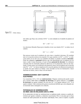 344 CAPÍTULO 11 REACCIONES DE PRECIPITACIÓN Y TITULACIONES
Solución
Los equilibrios son
C
ᎏ
a
ᎏ
C
ᎏ
2
ᎏ
O
ᎏ
4
ᎏ
É Ca2⫹
⫹ C2O4
2⫺
C2O4
2⫺
⫹ H⫹
É HC2O4
⫺
HC2O4
⫺
⫹ H⫹
É H2C2O4
H2O É H⫹
⫹ OH⫺
HCl → H⫹
⫹ Cl⫺
Las expresiones de constantes de equilibrio son
Kps ⫽ [Ca2⫹
][C2O4
2⫺
] ⫽ 2.6 ⫻ 10⫺9
(1)
Ka1 ⫽
[H⫹
][HC2O4
⫺
]
ᎏᎏ
[H2C2O4]
⫽ 6.5 ⫻ 10⫺2
(2)
Ka2 ⫽
[H⫹
][C2O4
2⫺
]
ᎏᎏ
[HC2O4
⫺
]
⫽ 6.1 ⫻ 10⫺5
(3)
Kw ⫽ [H⫹
][OH⫺
] ⫽ 1.00 ⫻ 10⫺14
(4)
Las expresiones de balance de masa son:
[Ca2⫹
] ⫽ [C2O4
2⫺
] ⫹ [HC2O4
⫺
] ⫹ [H2C2O4] ⫽ CH2C2O4
(5)
[H⫹
] ⫽ [Cl⫺
] ⫹ [OH⫺
] ⫺ [HC2O4
⫺
] ⫺ [H2C2O4] (6)
[Cl⫺
] ⫽ 0.0010 M (7)
La expresión de balance de carga es
[H⫹
] ⫹ 2[Ca2⫹
] ⫽ 2[C2O4
2⫺
] ⫹ [HC2O4
⫺
] ⫹ [Cl⫺
] ⫹ [OH⫺
] (8)
Hay siete incógnitas ([H⫹
], [OH⫺
], [Cl⫺
], [CA2⫹
], [C2O4
2⫺
], [HC2O4
⫺
] y [H2C2O4]), y siete
ecuaciones independientes.
Suposiciones de simplificación:
(1) Ka1 es más bien grande y Ka2, pequeña, de modo que se supone [HC2O4
⫺
] Ⰷ [H2C2O4],
[C2O4
2⫺
].
(2) En una solución ácida, [OH⫺
] es muy pequeña, de modo que, a partir de (6) y (7),
[H⫹
] ⫽ 0.0010 ⫹ [OH⫺
] ⫺ [H2C2O4
⫺
] ⫺ [H2C2O4] ⬇ 0.0010 ⫺ [HC2O4
⫺
] (9)
Calcular:
Es necesario calcular [Ca2⫹
] para obtener los moles de CaC2O4 disueltos en un litro.
Según (1)
[Ca2⫹
] ⫽
Kps
ᎏ
[C2O4
2⫺
]
(10)
Según (3)
[C2O4
2⫺
] ⫽
Ka2[HC2O4
⫺
]
ᎏᎏ
[H⫹
]
(11)
11Christian(339-353).indd 344
11Christian(339-353).indd 344 9/12/08 15:44:20
9/12/08 15:44:20
www.FreeLibros.me
 