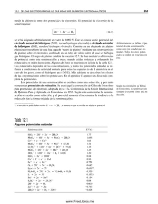 11.3 Efecto del complejamiento en la solubilidad:
producto desolubilidad condicional
Los agentes complejantes pueden competir por el ion metálico en un precipitado, igual
que los ácidos compiten por el anión. Un precipitado MA que se disocia para dar M⫹
y
A⫺
, y cuyo metal se compleja con el ligando L para formar ML⫹
tendría los siguientes
equilibrios:
La suma de [M⫹
] y [ML⫹
] es la concentración analítica CM al equilibrio, que es igual a
[A⫺
]. Los cálculos para esta situación se manejan de manera completamente análoga a los
cálculos para los efectos de los ácidos en la solubilidad.
Considérese la solubilidad de AgBr en presencia de NH3. Los equilibrios son
A
ᎏ
g
ᎏ
B
ᎏ
r
ᎏ
É Ag⫹
⫹ Br⫺
(11.7)
Ag⫹
⫹ NH3 É Ag(NH3)⫹
(11.8)
Ag(NH3)⫹
⫹ NH3 É Ag(NH3)2
⫹
(11.9)
La respuesta es la misma que
cuando se usa K⬘ps (ejemplo
11.1).
De modo que,
[Ca2⫹
] ⫽
Kps[H⫹
]
ᎏᎏ
Ka2[HC2O4
2⫺
]
(12)
Según la suposición (1),
[Ca2⫹
] ⫽ [HC2O4
⫺
] (13)
A partir de la suposición (2),
[H⫹
] ⬇ 0.0010 ⫺ [HC2O4
⫺
] ⬇ 0.0010 ⫺ [Ca2⫹
] (14)
Sustituyendo (13) y (14) en (12):
[Ca2⫹
] ⫽
Kps(0.0010 ⫺ [Ca2⫹
])
ᎏᎏᎏ
Ka2[Ca2⫹
]
⫽
(2.6 ⫻ 10⫺9
)(0.0010 ⫺ [Ca2⫹
])
ᎏᎏᎏᎏ
(6.1 ⫻ 10⫺5
)[Ca2⫹
]
[Ca2⫹
] ⫽
(4.6 ⫻ 10⫺5
)(0.0010 ⫺ [Ca2⫹
])
ᎏᎏᎏᎏ
[Ca2⫹
]
Resolviendo la ecuación cuadrática se obtiene [Ca2⫹
] ⫽ 1.9 ⫻ 10⫺4
M. Ésta es la misma
que la calculada en el ejemplo 11.1, usando la aproximación de productos de solubilidad
condicional después de corregir para el H⫹
consumido. En el presente ejemplo, se corrigió
para el H⫹
consumido en el cálculo. Obsérvese que en el ejemplo 11.1 se calculó que
HC2O4
⫺
es el 95% del valor de [Ca2⫹
], de modo que la suposición (1) fue razonable.
MA  M A
L CM

ML
11.3 EFECTO DEL COMPLEJAMIENTO EN LA SOLUBILIDAD 345
11Christian(339-353).indd 345
11Christian(339-353).indd 345 9/12/08 15:44:21
9/12/08 15:44:21
www.FreeLibros.me
 