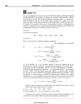 352 CAPÍTULO 11 REACCIONES DE PRECIPITACIÓN Y TITULACIONES
TITULACIÓN DE SULFATO CON BARIO
El sulfato se puede determinar titulando con ion bario para precipitar BaSO4. Como en la
determinación gravimétrica de sulfato por precipitación de sulfato de bario, esta titulación
está sujeta a errores por coprecipitación. Cationes como K⫹
, Na⫹
y NH4
⫹
(especialmente
el primero) coprecipitan como sulfatos:
BaSO4⬊SO4
2⫺
⯗2M⫹
Como resultado, es necesario menos ion bario para completar la precipitación del ion
sulfato, y los resultados calculados son bajos. Algunos iones metálicos complejan el indi-
cador e interfieren. Los aniones extraños pueden coprecipitar como sales de bario y pro-
vocar resultados altos. Los errores de cloruro, bromuro y perclorato son pequeños, pero el
nitrato causa grandes errores y debe estar ausente.
Las interferencias de cationes se eliminan con facilidad con una resina fuerte de
intercambio catiónico en la forma de hidrógeno:
2Rz⫺
H⫹
⫹ (M)2SO4 → 2Rz⫺
M⫹
⫹ H2SO4
Los cationes son reemplazados por protones. En el capítulo 21 se explican los principios
de cromatografía de intercambio iónico.
La titulación se lleva a cabo en una mezcla de disolventes acuosos y no acuosos. El
disolvente orgánico disminuye la disociación del indicador y, por tanto, estorba para la
formación del complejo bario-indicador. También da como resultado un precipitado más
floculante con mejores propiedades de adsorción para el indicador.
Problemas
Objetivos de aprendizaje
Preguntas
ALGUNOS DE LOS PUNTOS CLAVE QUE SE APRENDIERON
EN ESTE CAPÍTULO
● Efectos de los ácidos en la solubilidad (ecuaciones clave: 11.4, 11.6), p. 339
● Cálculos de balance de masas, p. 341
● Efecto del complejamiento en la solubilidad (ecuaciones clave: 11.10, 11.11), p.
345
● Cálculo de curvas de titulación de precipitación, p. 346
● Indicadores para titulaciones de precipitación, p. 349
1. Explicar la titulación de Volhard de cloruro. La titulación de Fajans. ¿Cuál se usa para
soluciones ácidas? ¿Por qué?
2. Explicar el principio de los indicadores por adsorción.
EFECTO DE LA ACIDEZ EN LA SOLUBILIDAD
3. Calcular la solubilidad del AgIO3 en HNO3 0.100 M, así como las concentraciones al
equilibrio de IO3
⫺
y HIO3.
4. Calcular la solubilidad de CaF2 en HCl 0.100 M y las concentraciones de equilibrio
de F⫺
y HF.
11Christian(339-353).indd 352
11Christian(339-353).indd 352 9/12/08 15:44:24
9/12/08 15:44:24
www.FreeLibros.me
 