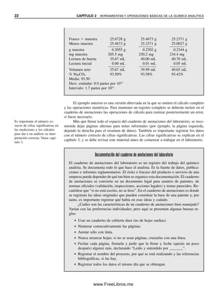 22 CAPÍTULO 2 HERRAMIENTAS Y OPERACIONES BÁSICAS DE LA QUÍMICA ANALÍTICA
El ejemplo anterior es una versión abreviada en la que se omiten el cálculo completo
y las operaciones numéricas. Para mantener un registro completo se deberán incluir en el
cuaderno de anotaciones las operaciones de cálculo para rastrear posteriormente un error,
si fuese necesario.
Más que llenar todo el espacio del cuaderno de anotaciones del laboratorio, se reco-
mienda dejar páginas alternas para notas informales (por ejemplo, la página izquierda,
dejando la derecha para el resumen de datos). También es importante registrar los datos
con el número correcto de cifras significativas. Las cifras significativas se explican en el
capítulo 3, y se debe revisar este material antes de comenzar a trabajar en el laboratorio.
Frasco  muestra 25.6728 g 25.4673 g 25.2371 g
Menos muestra 25.4673 g 25.2371 g 25.0027 g
g muestra 0.2055 g 0.2302 g 0.2344 g
mg muestra 205.5 mg 230.2 mg 234.4 mg
Lectura de bureta 35.67 mL 40.00 mL 40.70 mL
Lectura inicial 0.00 mL 0.01 mL 0.05 mL
Volumen neto 35.67 mL 39.99 mL 40.65 mL
% Na2CO3 93.50% 93.58% 93.42%
Media: 93.50
Desv. estándar: 0.9 partes por 1012
Intervalo: 1.7 partes por 1012
Es importante el número co-
rrecto de cifras significativas en
las mediciones y los cálculos
para dar a un análisis su inter-
pretación correcta. Véase capí-
tulo 3.
Documentación del cuaderno de anotaciones del laboratorio
El cuaderno de anotaciones del laboratorio es un registro del trabajo del químico
analista. Se documenta todo lo que hace el analista. Es la fuente de datos, publica-
ciones e informes reglamentarios. El éxito o fracaso del producto o servicio de una
empresa puede depender de qué tan bien se organice esta documentación. El cuaderno
de anotaciones se convierte en un documento legal para asuntos de patentes, de
normas oficiales (validación, inspecciones, acciones legales) y temas parecidos. Re-
cuérdese que “si no está escrito, no se hizo”. En el cuaderno de anotaciones es donde
se registran las ideas originales que pueden constituir la base de una patente y, por
tanto, es importante registrar qué había en esas ideas y cuándo.
¿Cuáles son las características de un cuaderno de anotaciones bien manejado?
Varían con las preferencias individuales; pero aquí se presentan algunas buenas re-
glas:
● Usar un cuaderno de cubierta dura (no de hojas sueltas).
● Numerar consecutivamente las páginas.
● Anotar sólo con tinta.
● Nunca arrancar hojas; si no se usan páginas, cruzarlas con una línea.
● Fechar cada página, firmarla y pedir que la firme y feche (quizás un poco
después) alguien más, declarando “Leído y entendido por _______”.
● Registrar el nombre del proyecto, por qué se está realizando y las referencias
bibliográficas, si las hay.
● Registrar todos los datos el mismo día que se obtengan.
02Christian(020-064).indd 22
02Christian(020-064).indd 22 9/12/08 13:38:44
9/12/08 13:38:44
www.FreeLibros.me
 