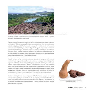 Marae Ofata. Maeva, Huahine (Tahiti).


Pacíﬁco en busca de nuevas tierras para colonizar, trasladando personas, plantas y animales
necesarios para mantener su nivel de vida.


El actual modelo de poblamiento humano del Pacíﬁco muestra un proceso de gran dinamismo
en torno al año 1000 de nuestra era. En el lapso de unos doscientos años, fueron colonizados
todos los archipiélagos del Pacíﬁco, incluida una pequeña y aislada porción de tierra en el
extremo sudoriental del triángulo polinesio: Rapa Nui. Luego de un período de colonización
que perduró otros dos siglos, cesaron los viajes y los grupos se aislaron para desarrollar sus
caracteres propios. Todas las evidencias cientíﬁcas y las tradiciones de Rapa Nui hablan de
un origen polinesio. Sin embargo, todavía se difunde la hipótesis de Thor Heyerdahl sobre el
origen de la cultura rapanui en la América precolombina.


Hasta la fecha, no se han encontrado evidencias culturales de navegantes de la América
precolombina en ninguna isla de la Polinesia, pero es un hecho que llegaron dos plantas
originarias de América del Sur transportadas por el hombre: la calabaza y el camote. Las
primeras evidencias del camote en la Polinesia se encontraron al sur de las islas Cook, hacia
el año 1000 de nuestra era. El hecho es que el camote o papa dulce se conoce en toda la
Polinesia como kumá o kumala, probablemente derivado del nombre quechua de esta planta:
kumara. Hasta la fecha, la explicación más razonable de este fenómeno es que fueron los
polinesios quienes llegaron a América y volvieron a sus islas con camotes y calabazas.


Efectivamente, los polinesios estaban explorando el Pacíﬁco hacia el este y, en ese proceso,
lo excepcional es que hayan encontrado una isla tan pequeña y aislada como Rapa Nui. En
cambio, bajo ciertas condiciones, habrían llegado a las costas de América. Recientemente, se               El camote, un tubérculo americano que se dispersó por Polinesia. Al igual
                                                                                                             que la calabaza, lo más probable es que fuera llevado por navegantes
ha planteado un posible contacto entre hawaianos y nativos Chumash del sur de California,                                        polinesios de vuelta a sus islas.

anterior al contacto europeo.


                                                                                                                                         RAPA NUI | El Ombligo del Mundo               25
 