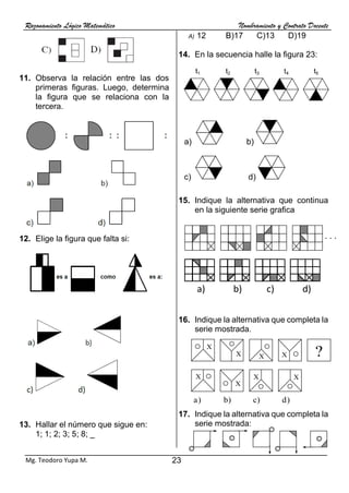 Razonamiento Lógico Matemático Nombramiento y Contrato Docente
23
Mg. Teodoro Yupa M.
11. Observa la relación entre las dos
primeras figuras. Luego, determina
la figura que se relaciona con la
tercera.
12. Elige la figura que falta si:
13. Hallar el número que sigue en:
1; 1; 2; 3; 5; 8; _
A) 12 B)17 C)13 D)19
14. En la secuencia halle la figura 23:
a) b)
c) d)
15. Indique la alternativa que continua
en la siguiente serie grafica
16. Indique la alternativa que completa la
serie mostrada.
17. Indique la alternativa que completa la
serie mostrada:
a) b) c) d)
. . .
X
X
X X
X
X X X ?
a) b) c) d)
 